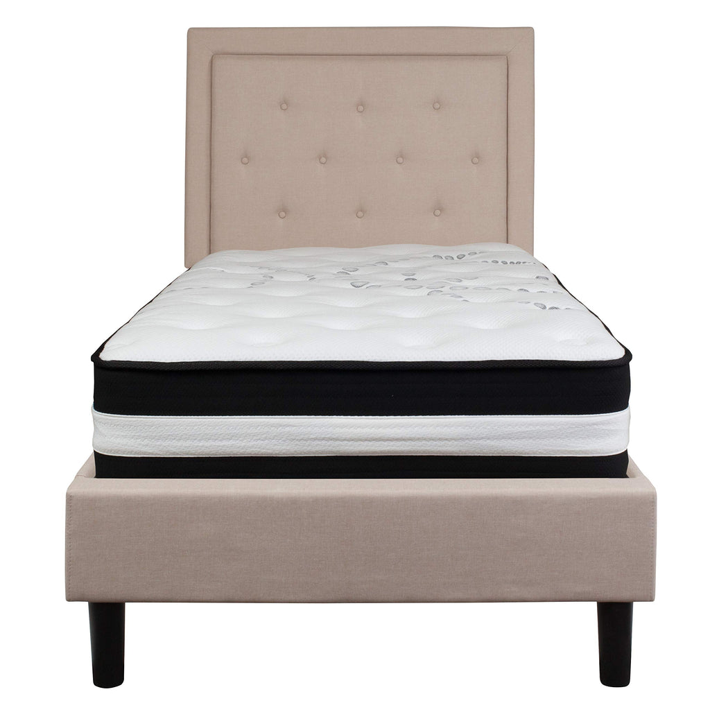 Flash Furniture Roxbury Twin Size Tufted Upholstered Platform Bed In Beige Fabric With Pocket Spring Mattress