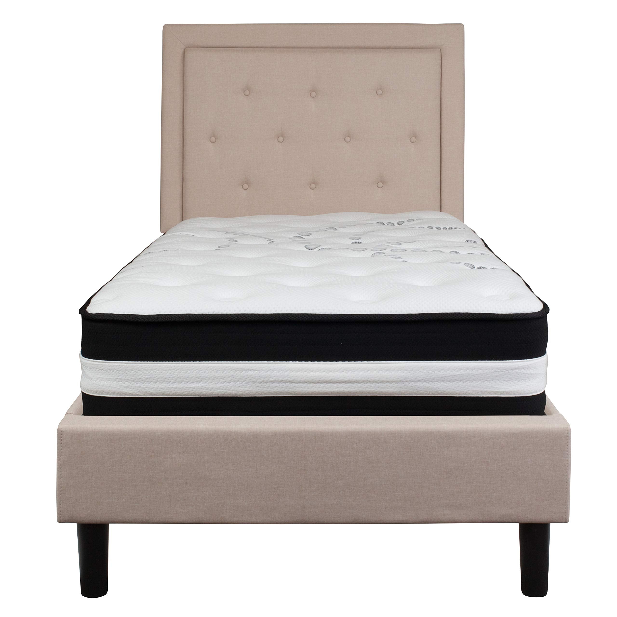 Flash Furniture Roxbury Twin Size Tufted Upholstered Platform Bed In Beige Fabric With Pocket Spring Mattress