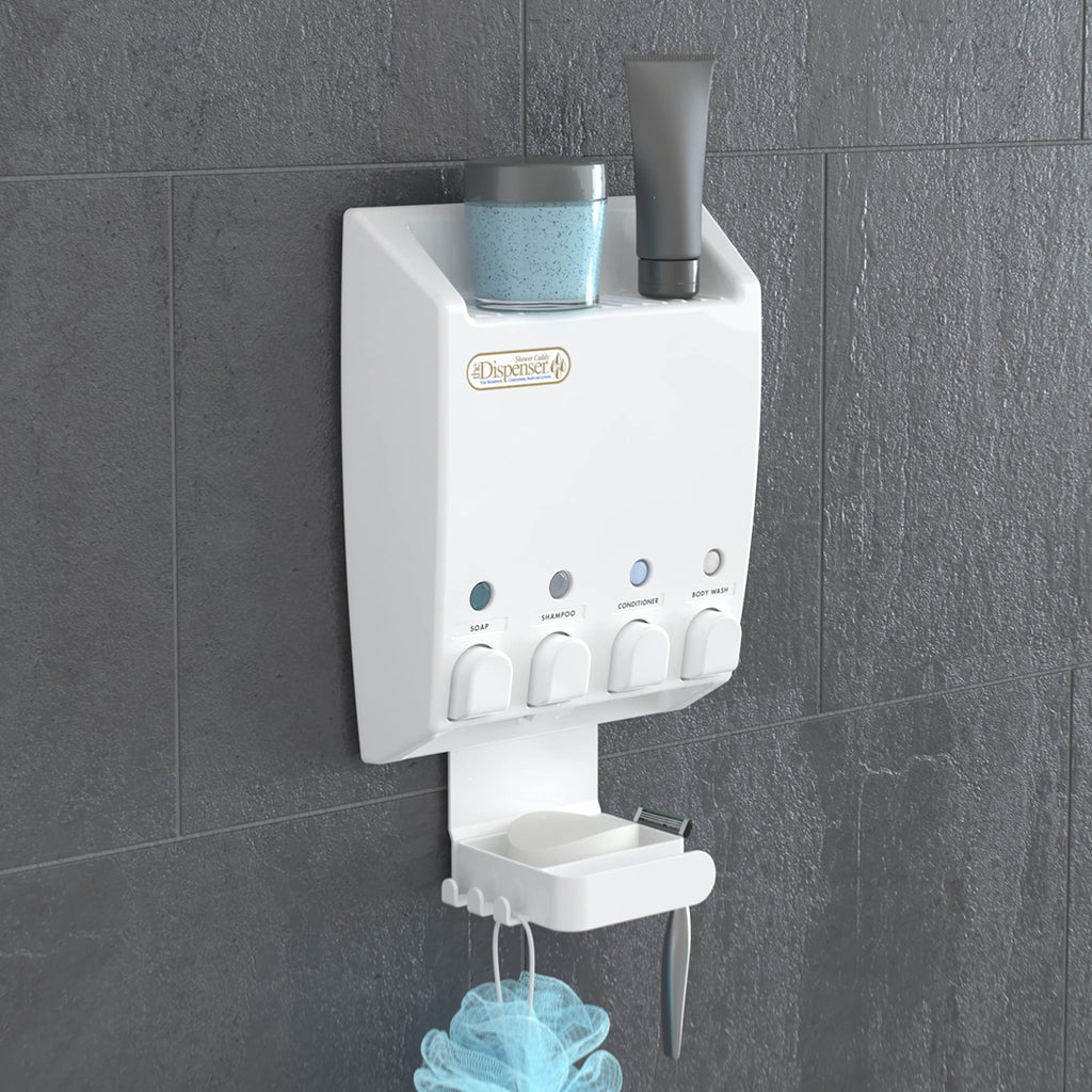 Better Living Ulti-Mate 4 Shower Caddy with Shampoo & Soap Dispenser, White, 4 x 14.5 fl. oz - Bathroom Organizer and Storage Solution