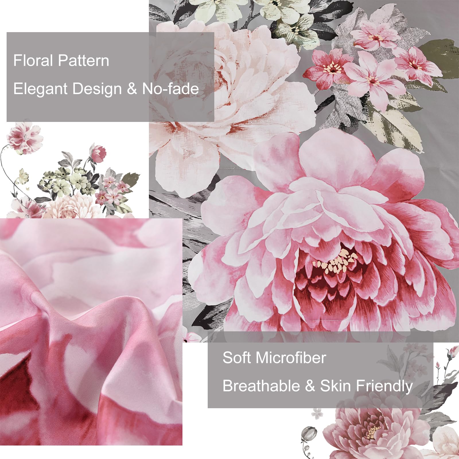 Dintszyayue Grey Comforter Set Queen Size,7 Pieces Pink Floral Print Bed In Bad Elegant Flower Bedding Set Soft Bedding For All