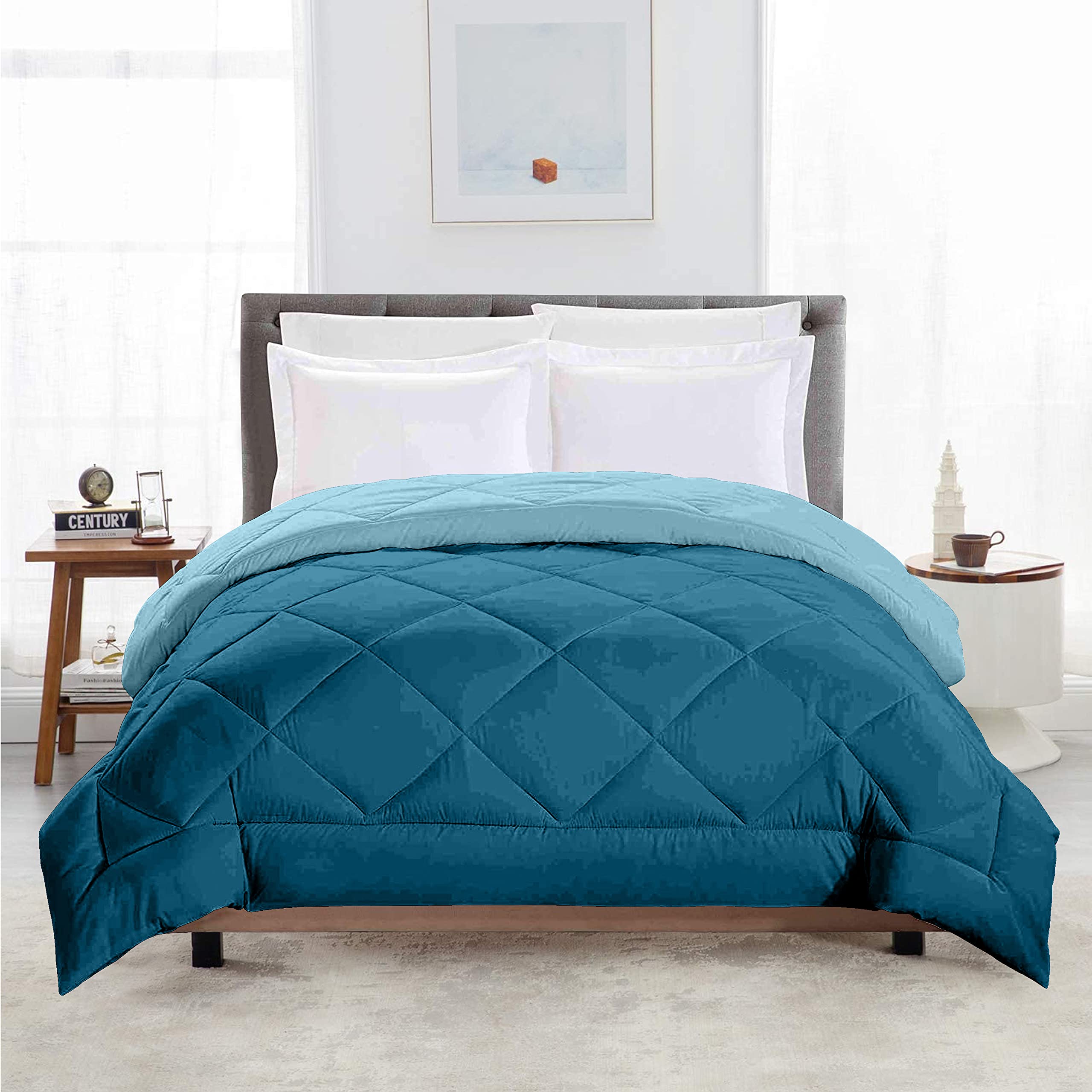 TundwalS Reversible Double Bed King Size Comforter/220 Gsm Microfiber Reversible Ac Comforter/Blanket For Winter/Quilt Sea Gre