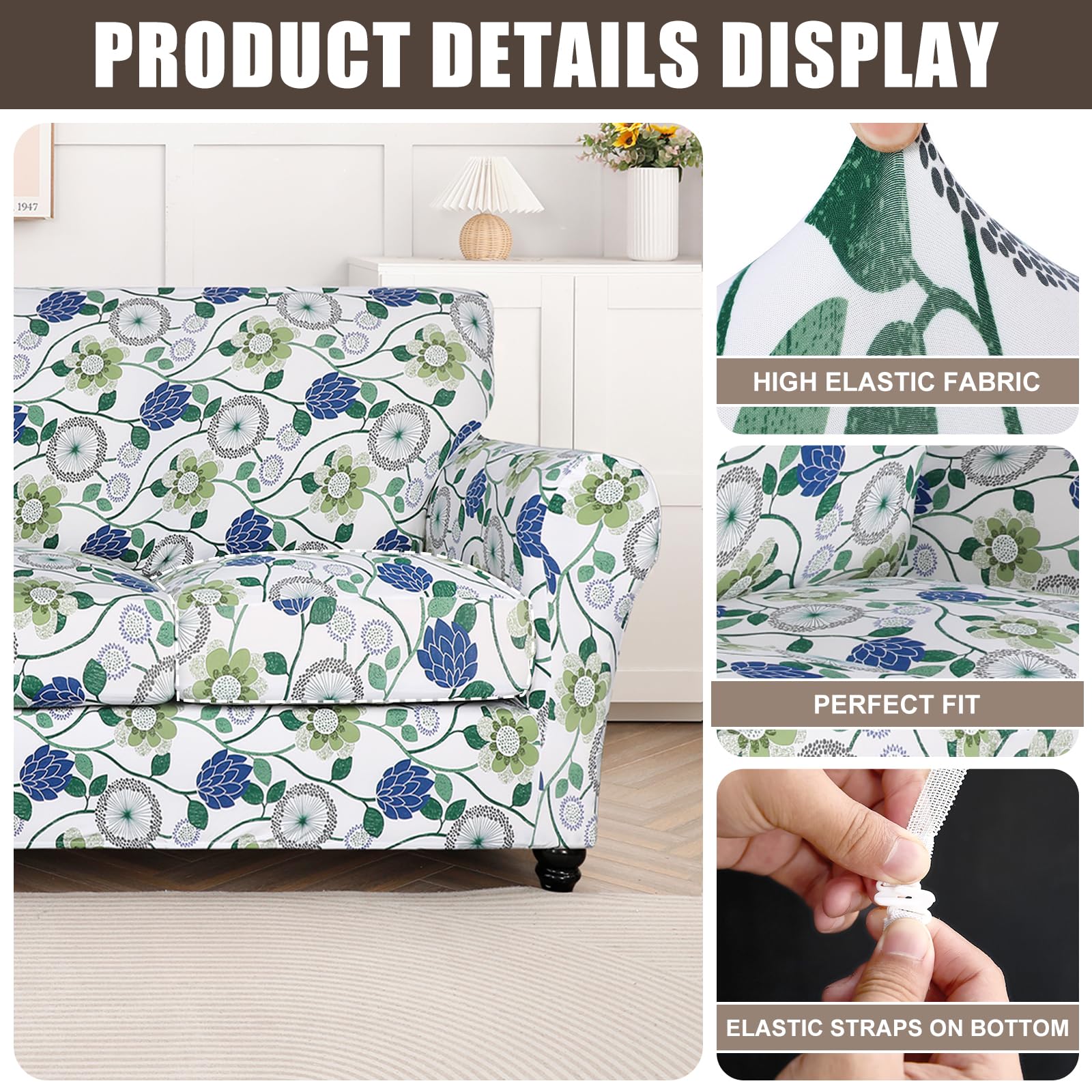 Searchi Stretch Sofa Cover Printed Couch Cover, Floral Pattern 3 Pieces Loveseat Slipcover With 2 Separate Cushion Cover, Washable Furniture Protector For Living Room(Loveseat, Green Flowers)