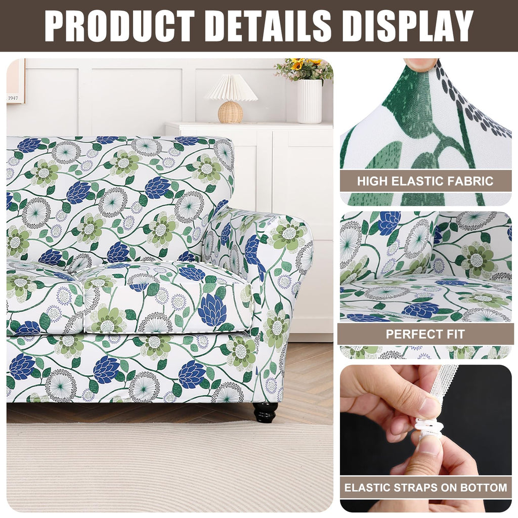 Searchi Stretch Sofa Cover Printed Couch Cover, Floral Pattern 4 Pieces Sofa Slipcover With 3 Separate Cushion Cover, Washable Furniture Protector For Living Room(Sofa, Green Flowers)