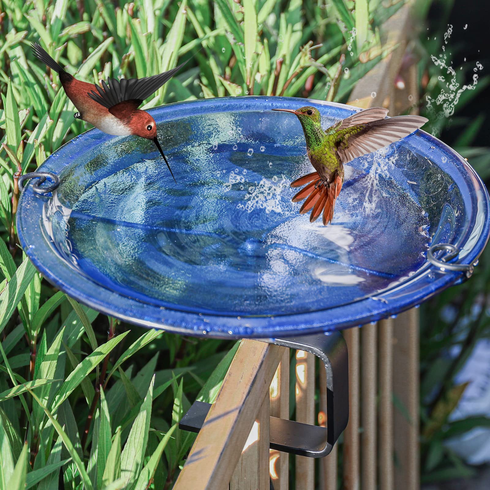 Mumtop Deck Mounted Bird Bath, Glass Bird Baths Bowl Spa With Adjustable Sturdy Steel Clamp For Outdoor Garden Patio Lawn Yard D