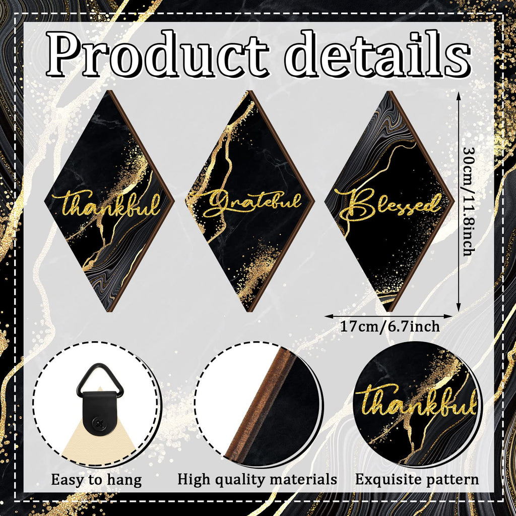 Qunclay 3 Pcs Marble Style Bathroom Wall Decor Thankful Grateful Blessed Wall Decor Black And Gold Farmhouse Rustic Art Wall Dec