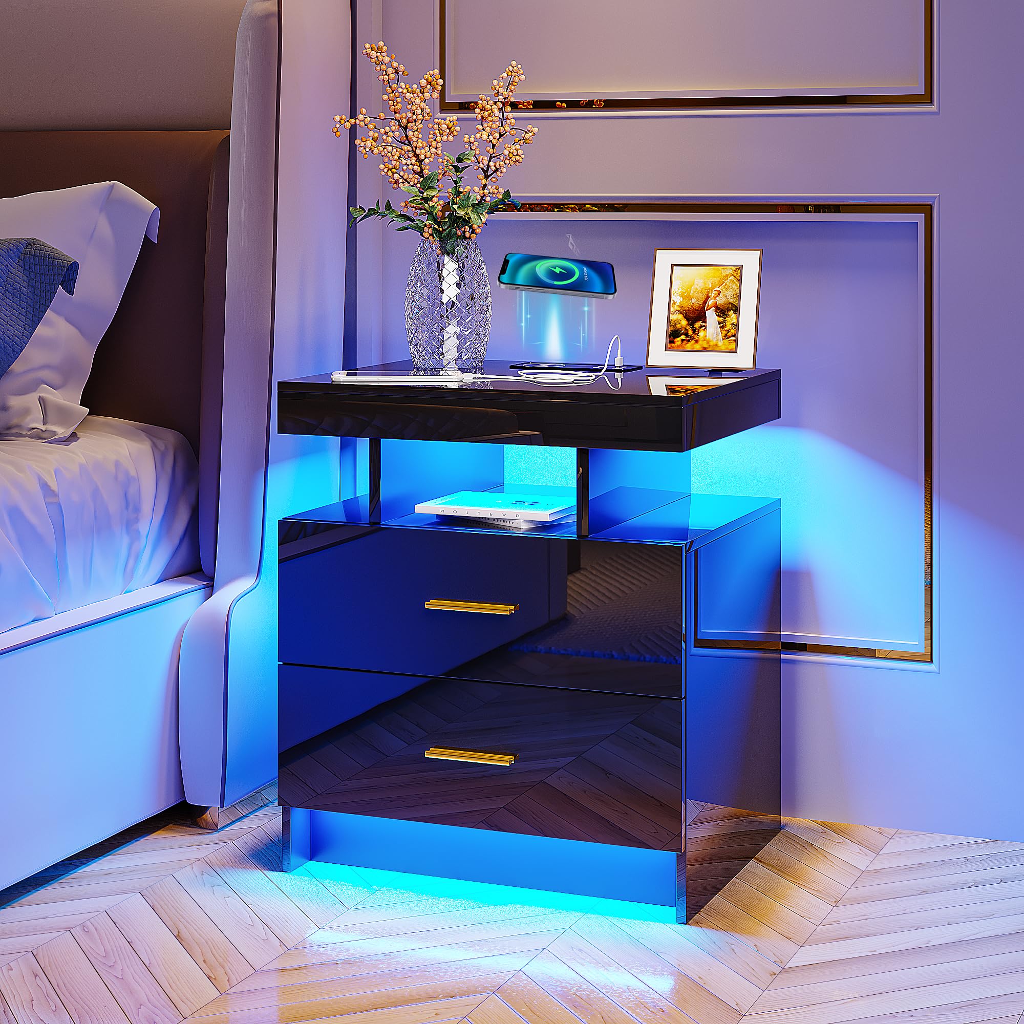 Hnebc Auto Led Nightstand With Wireless Charging Station & Usb Ports,High Gloss Bedside Tables With 2 Drawers,Floating Nightstand With 3 Color & Adjustable Brightness Embedded Led Light Strip