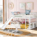 Montessori Floor Bunk Bed Twin Over Twin, Twin Bunk Bed with Slide and Ladder, Kids Bunk Beds with Guardrail Headboard and Footb