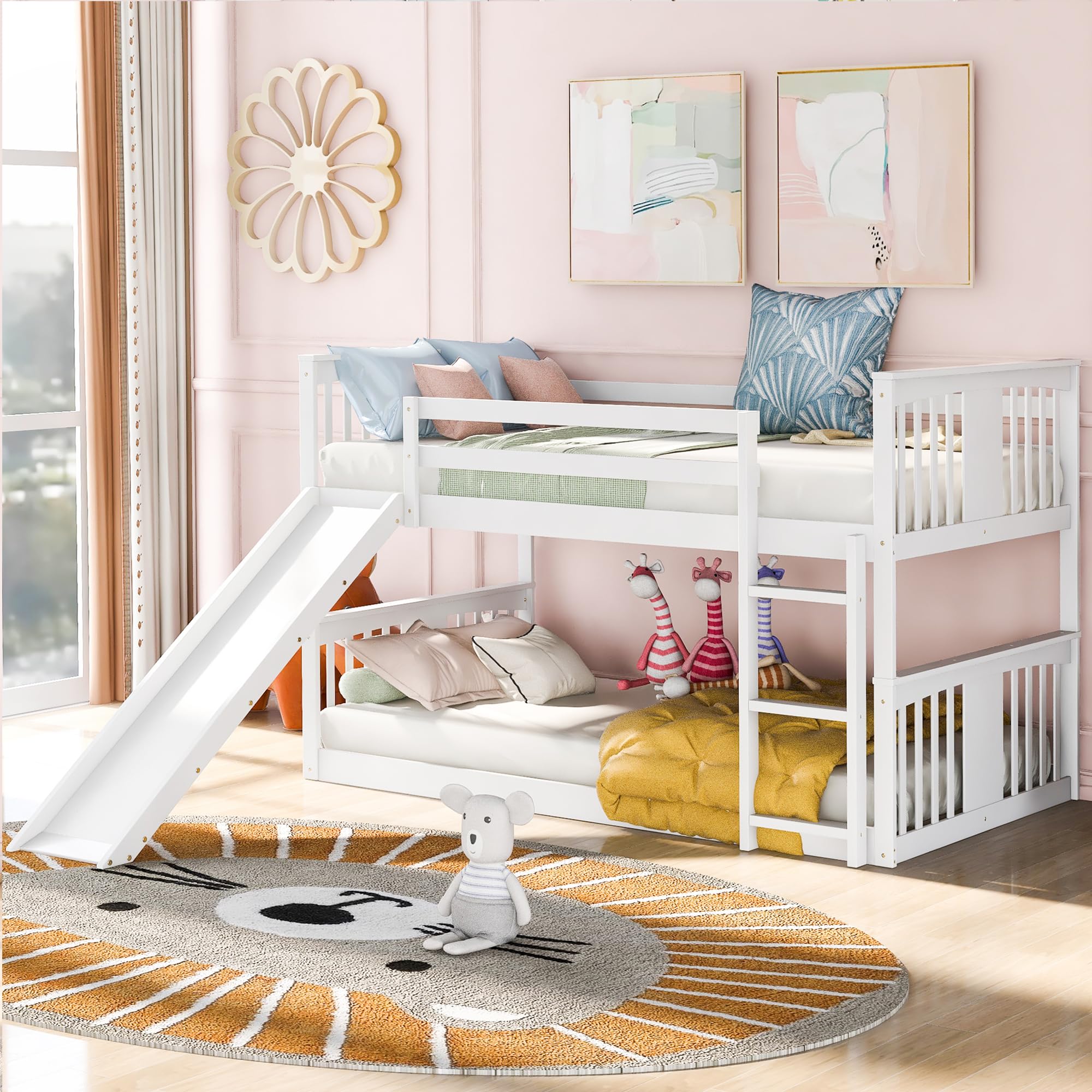 Montessori Floor Bunk Bed Twin Over Twin, Twin Bunk Bed with Slide and Ladder, Kids Bunk Beds with Guardrail Headboard and Footb