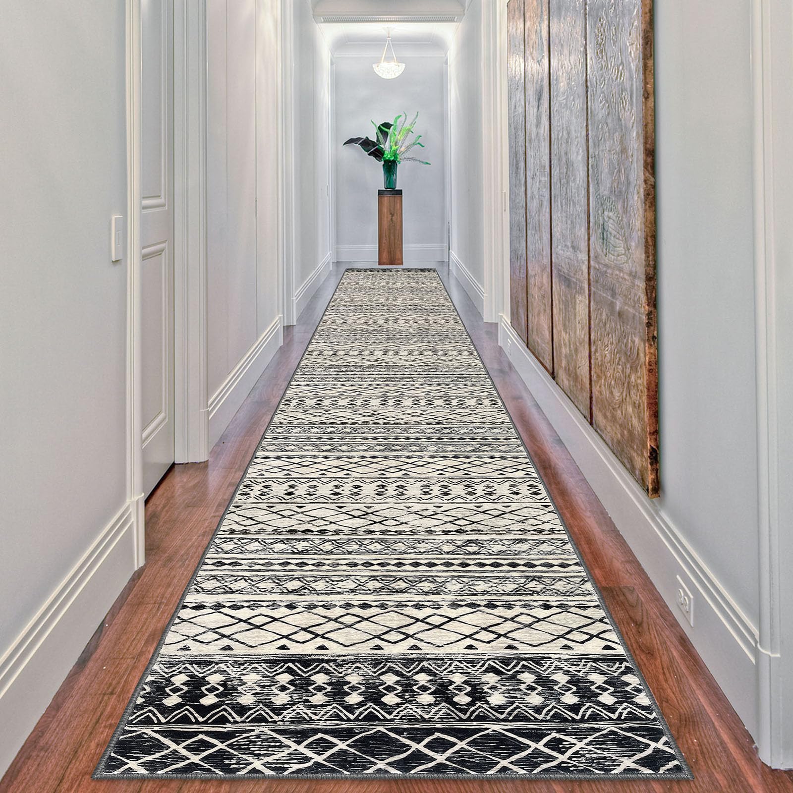 KUTA Moroccan Washable Runner Rug 2.6x18 Non-Slip Vintage Black Navy Blue Boho Hallway Runner Kitchen Runner Rug Ultra Soft Geom