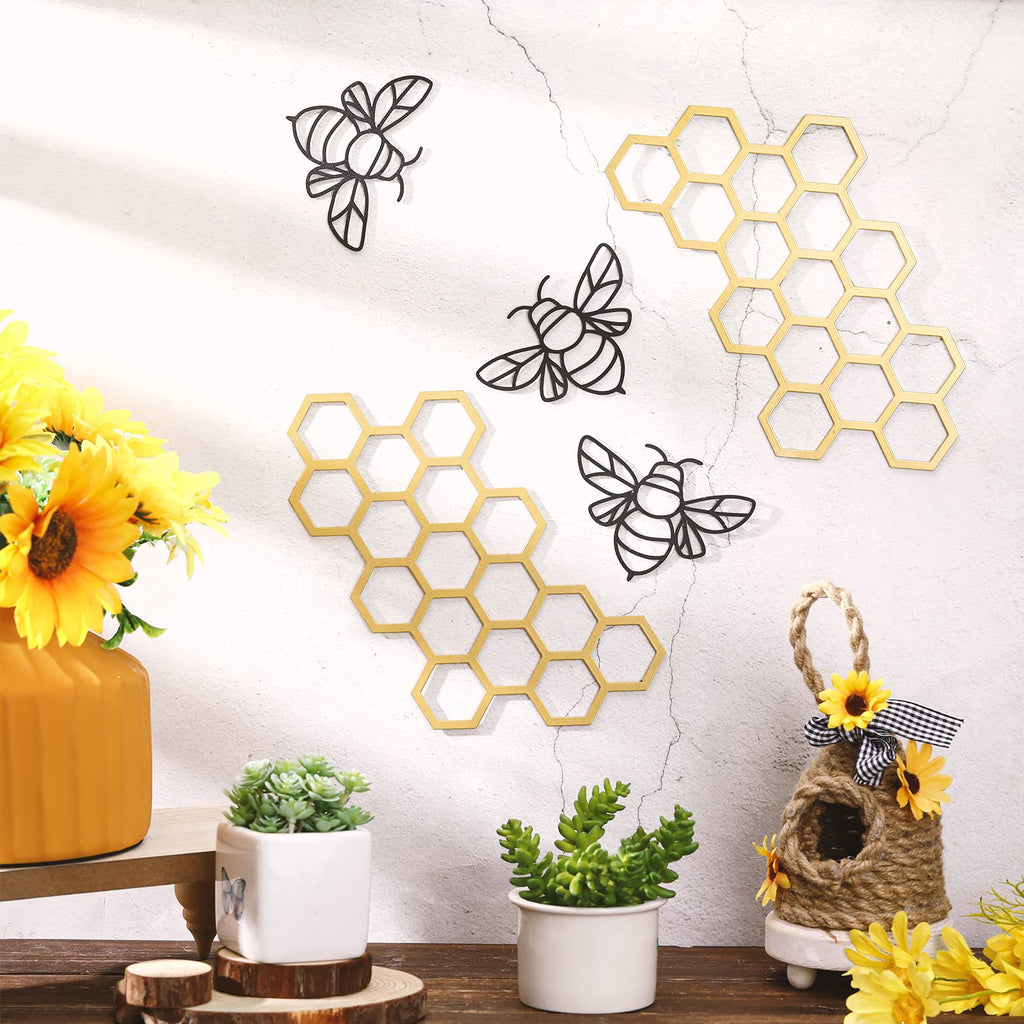 Peryiter 5 Pcs Metal Bee Wall Art Farmhouse Honey Bee Honey Comb Decor Wire Metal Bee Wall Metal Decor Bee Metal Wall Hanging Fo