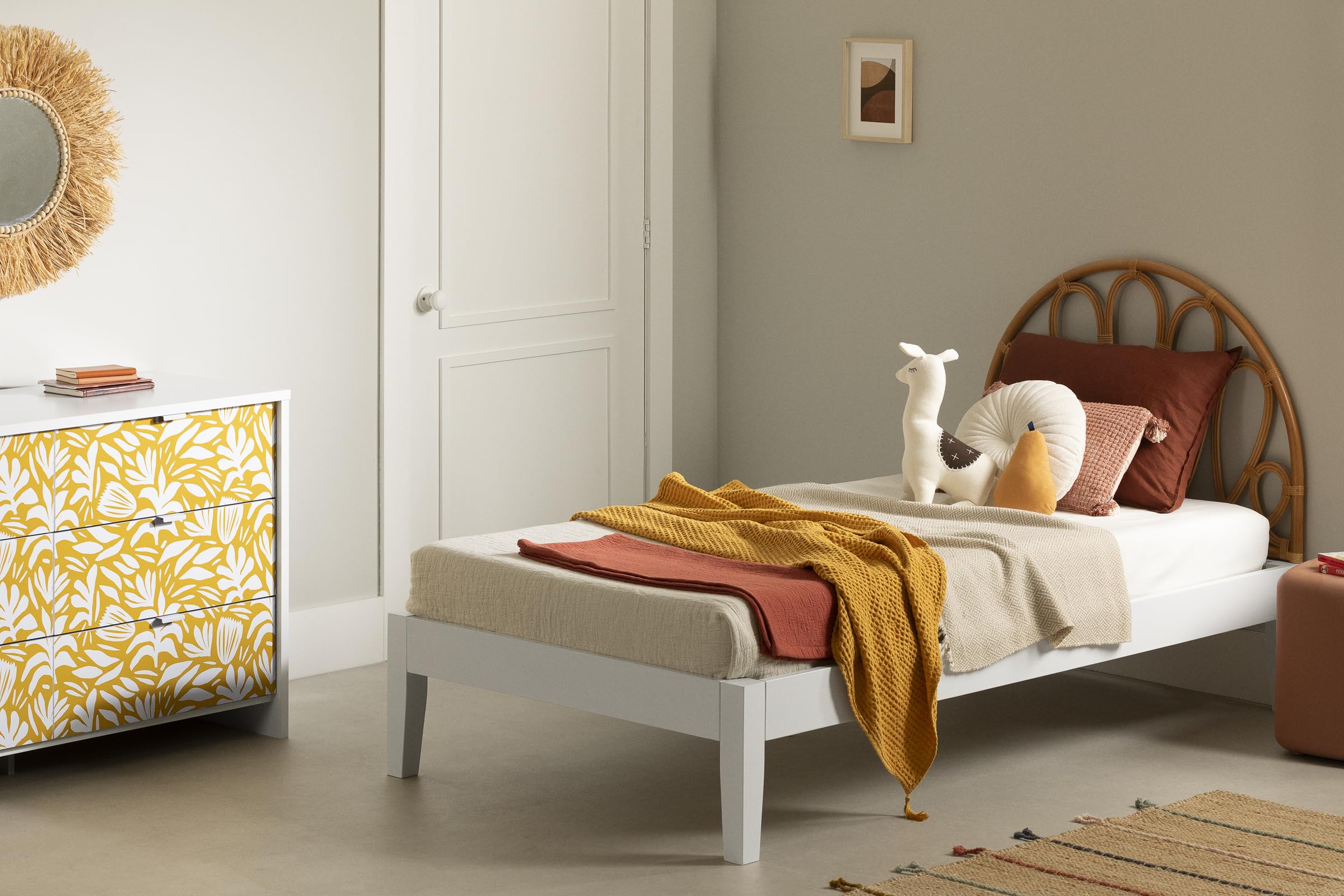 South Shore Bloom Wooden Bed and Rattan Wall-Mounted Flower Petals Headboard Set, Twin, White and Natural