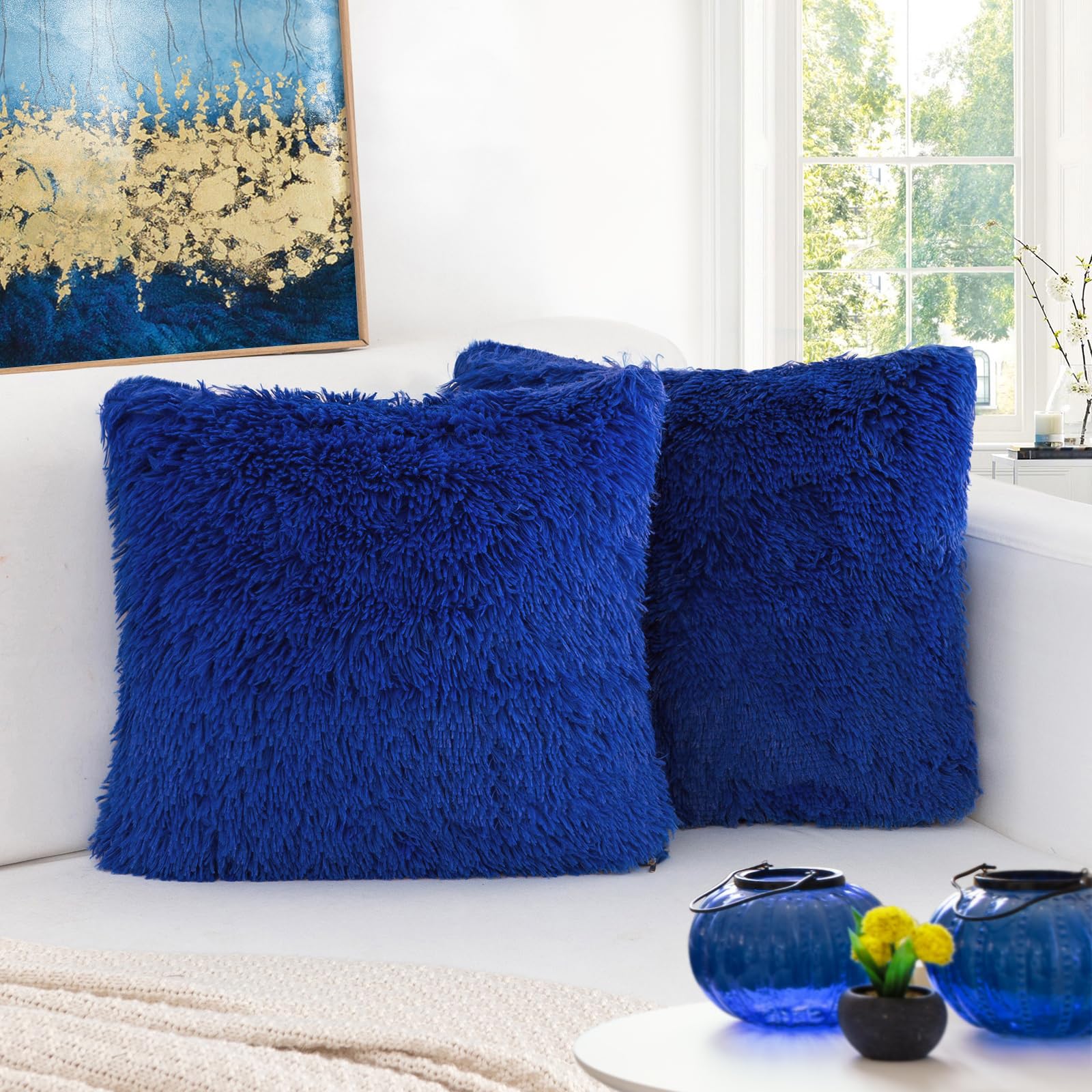 Bbiggood Royal Blue Throw Pillows, Pack Of 2 Luxury Soft Faux Fur Royal Blue Pillows, Blue Pillows For Couch, Blue Decorative Pi