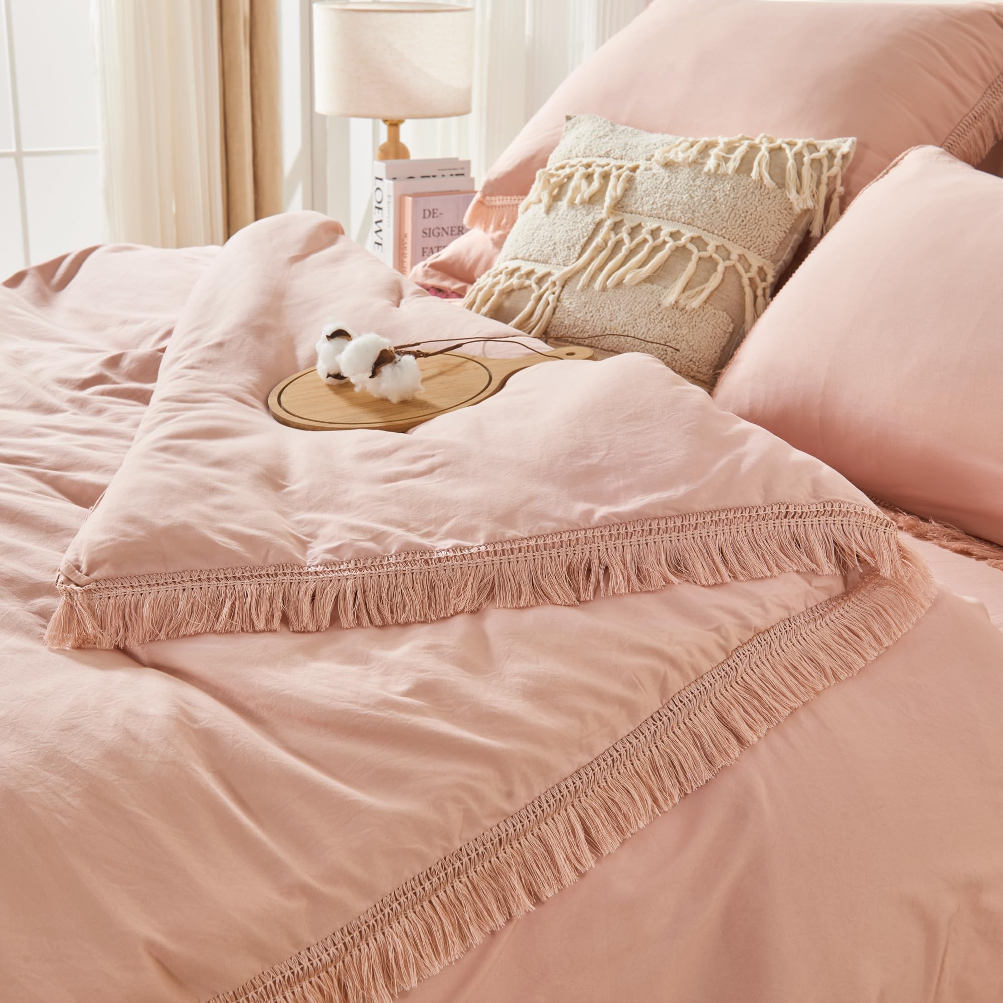 Andency Pink Queen Size Comforter Set With Sheets - 7 Pieces Boho Tassel Bed In A Bag Soft Lightweight Bedding Sets, Pink Fringe Bed Set With Comforter, Sheets, Pillowcases & Shams