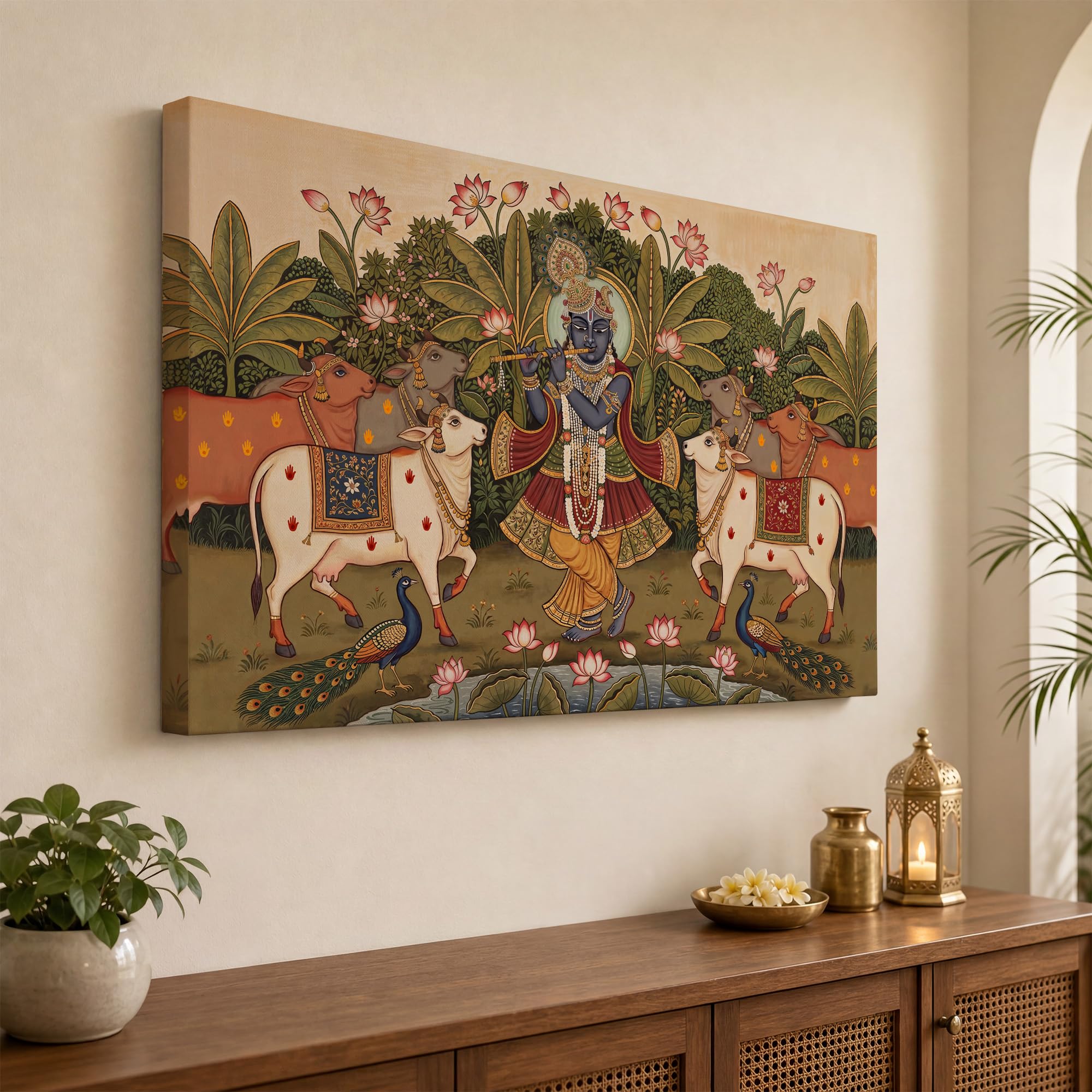 Soulabiti Shrinathji Shreenathji Pichwai Canvas Painting, Traditional Krishna Wall Art With Cows & Lotus, Ready To Hang Stretche