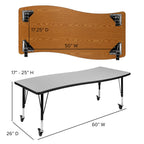 Flash Furniture Mobile 26"W x 60"L Rectangular Wave Collaborative Grey Thermal Laminate Activity Table - Height Adjustable Short Legs