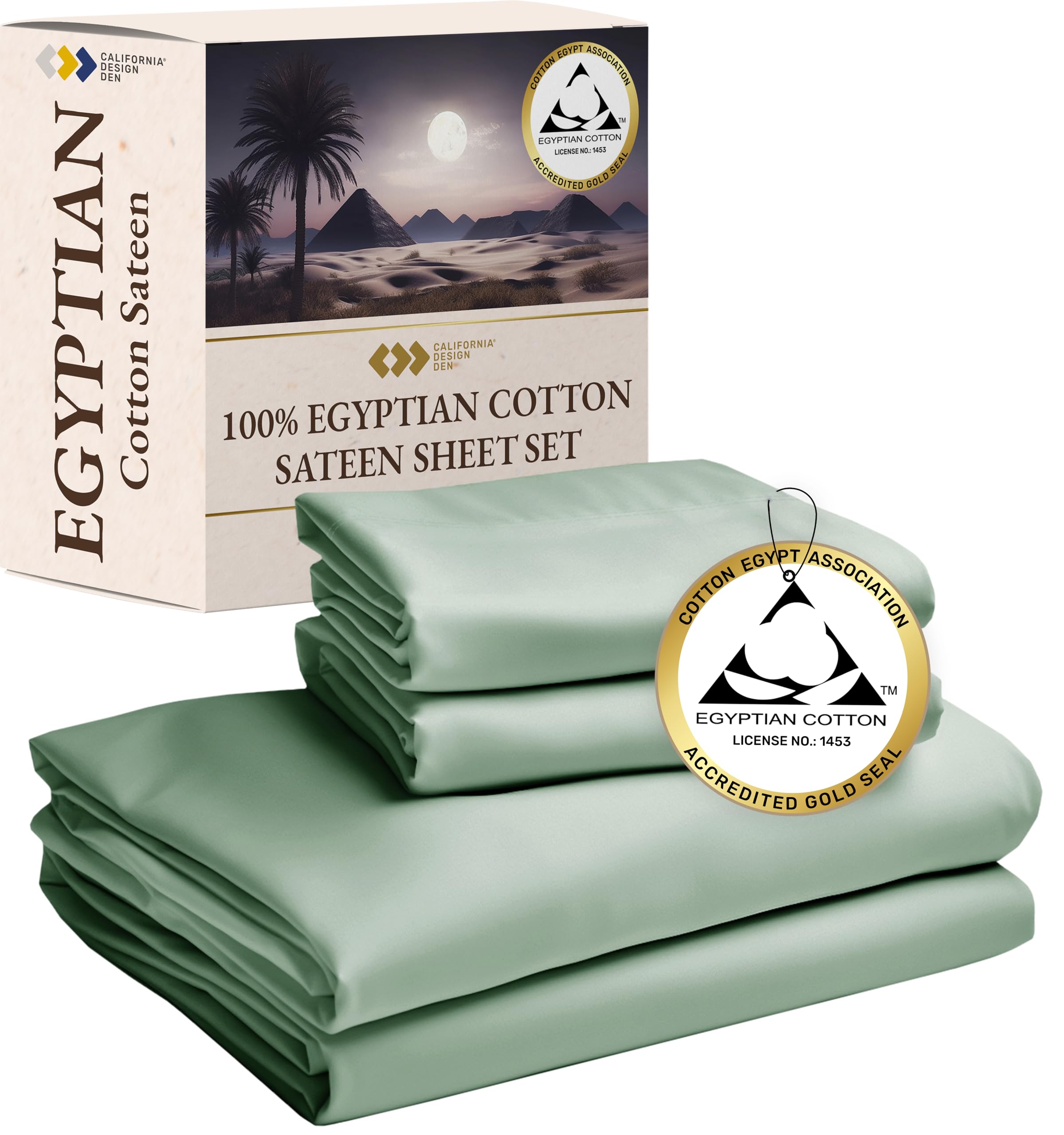 California Design Den Certified Luxury 100% Egyptian Cotton Sheets, Deep Pocket Queen Sheets, Sateen Bed Sheet Egyptian, Cooling