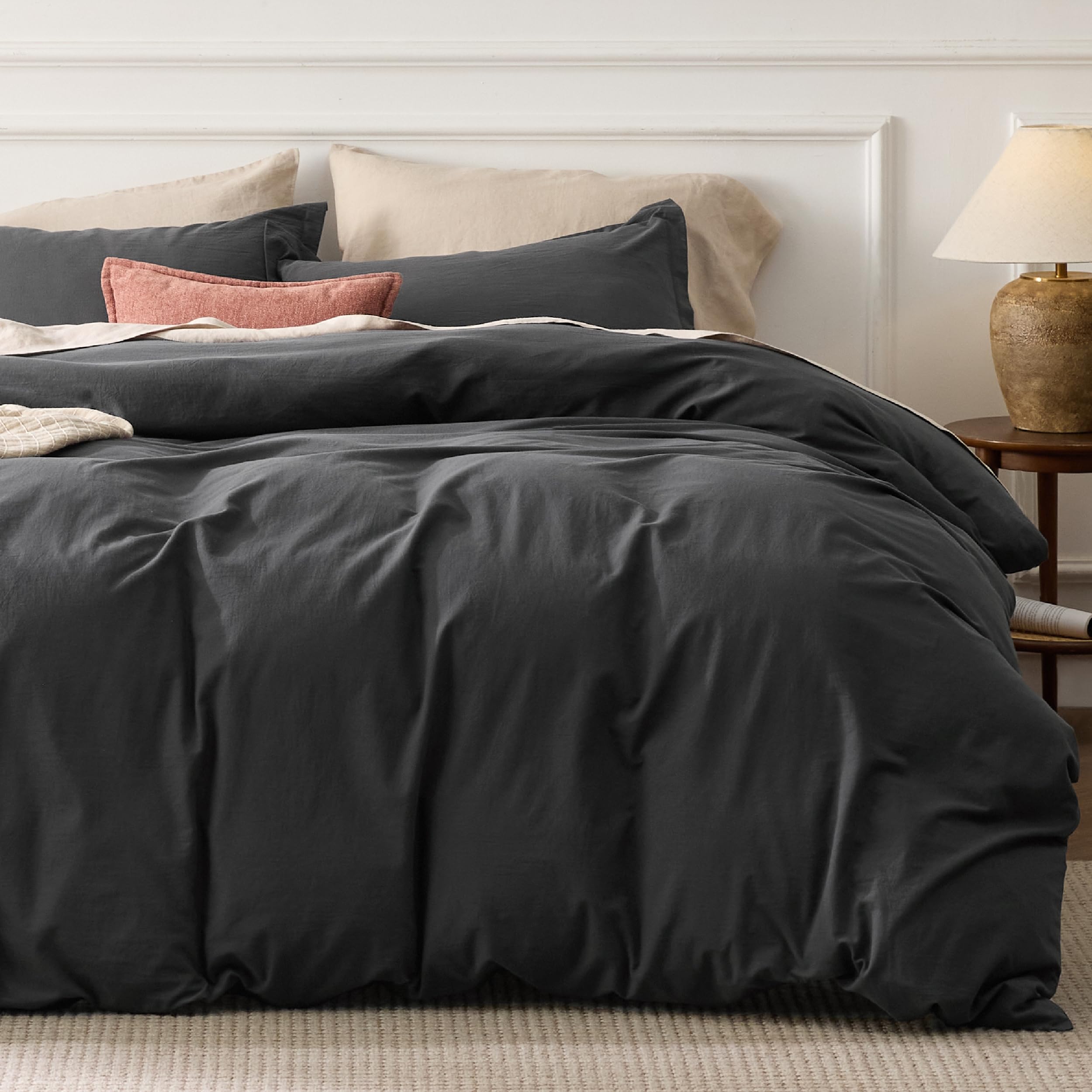 Bedsure 100% Stone Washed Cotton Duvet Cover Queen - Charcoal Minimalist Cotton Duvet Cover Linen Like - 3 Pieces Gentlesoft™ Plain Simple Bedding Set With 2 Pillow Shams (Charcoal, Queen, 90'X90')