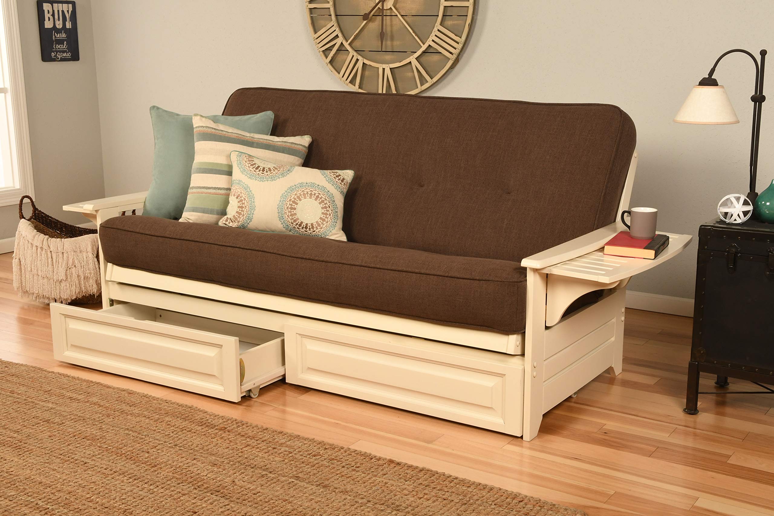 Kodiak Furniture Phoenix Storage Futon With Linen Fabric Mattress In White/Brown