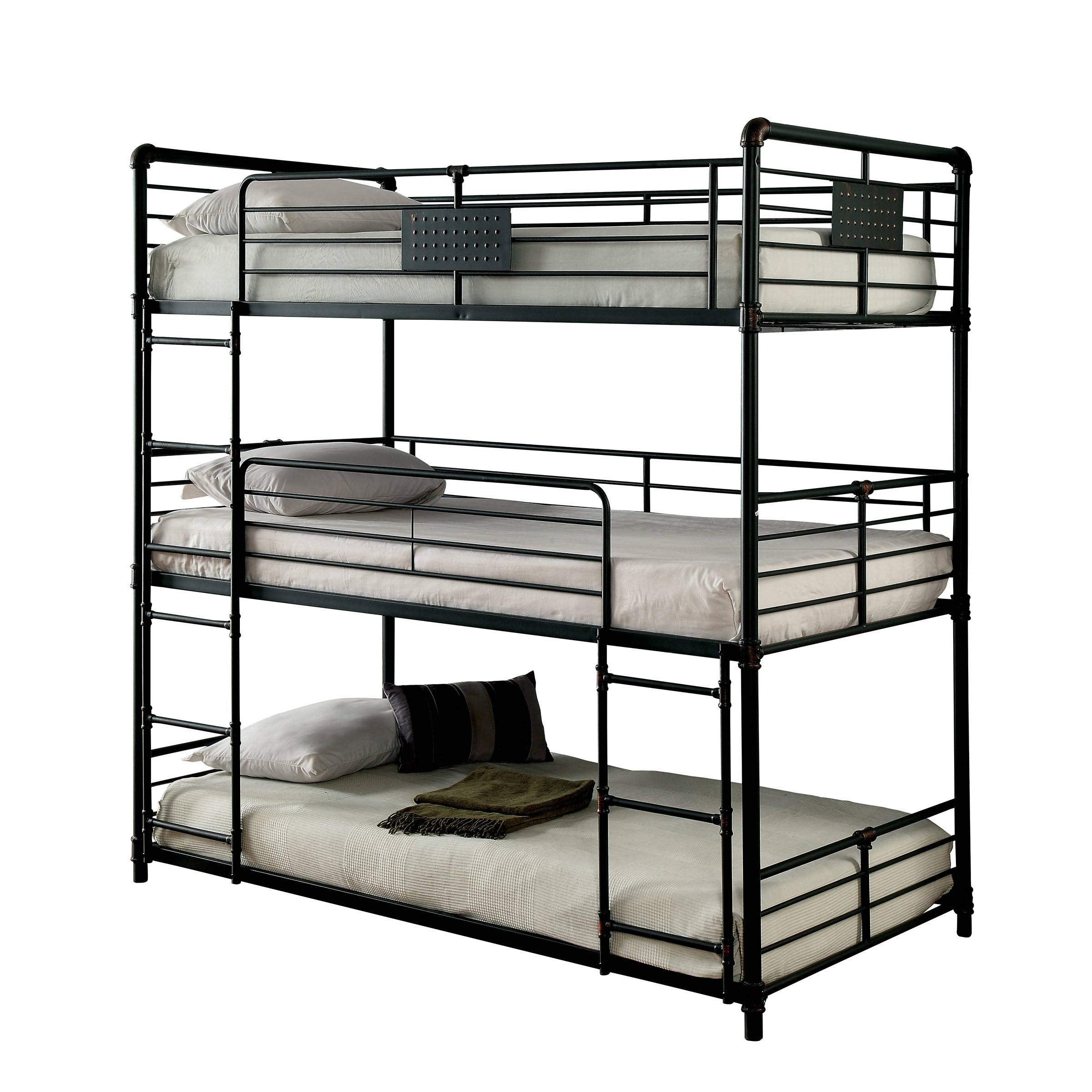 Benjara Industrial Style Full Triple Decker Bunk Bed With Ladder, Gray