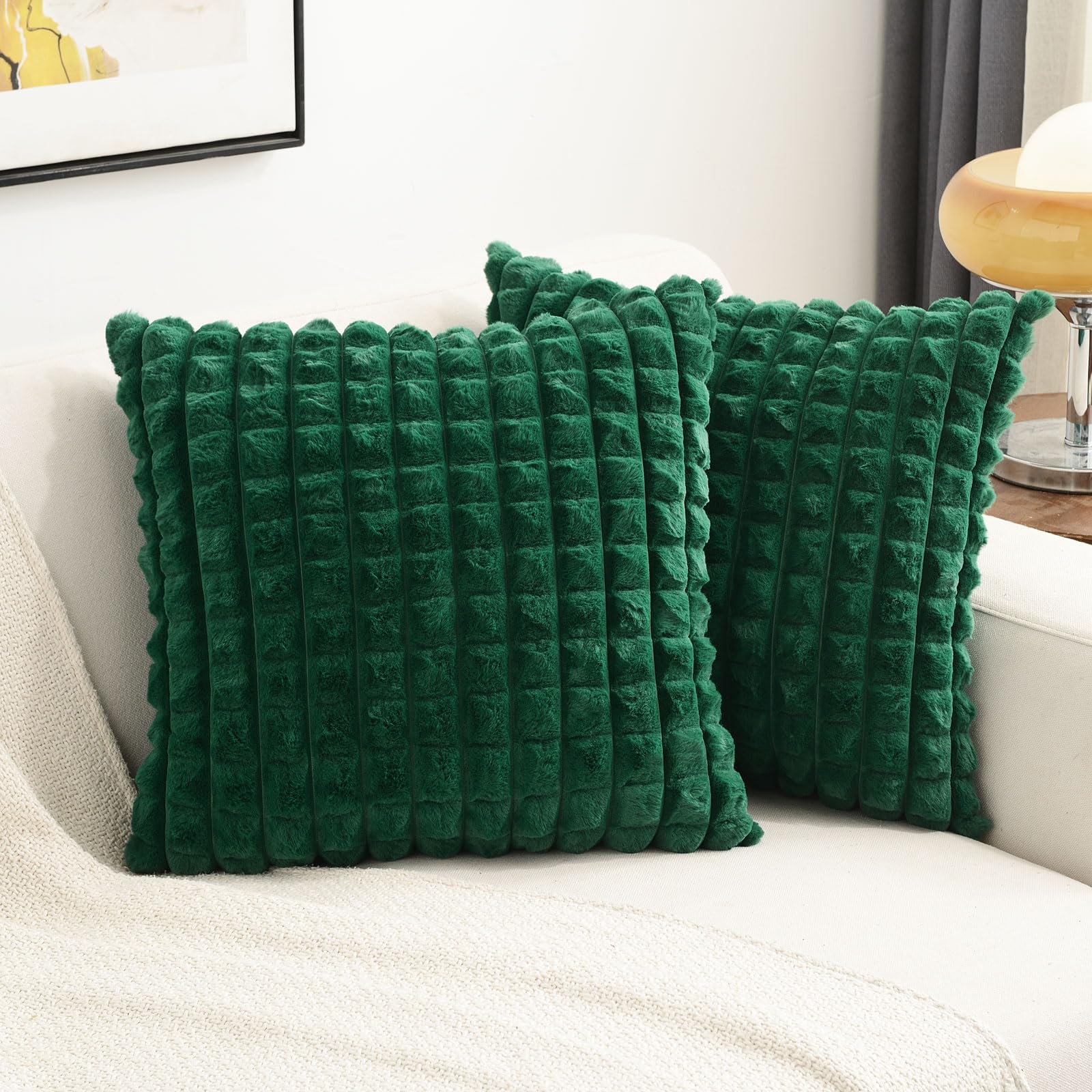 Futei Emerald Green Decorative Throw Pillow Covers 22X22 Inch Set Of 2,Square Cushion Case,Fluffy Faux Rabbit Fur Plaid & Soft V