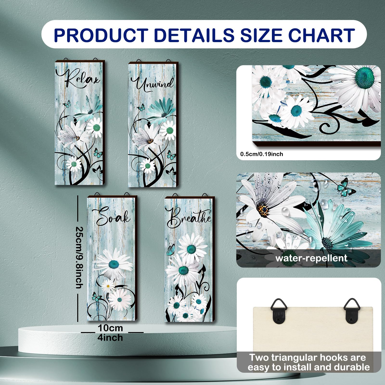 4 Pieces Teal Daisy Floral Bathroom Wood Wall Decor Teal Relax Soak Unwind Breathe Flower Wall Rustic Farm Sign Turquoise Blue D