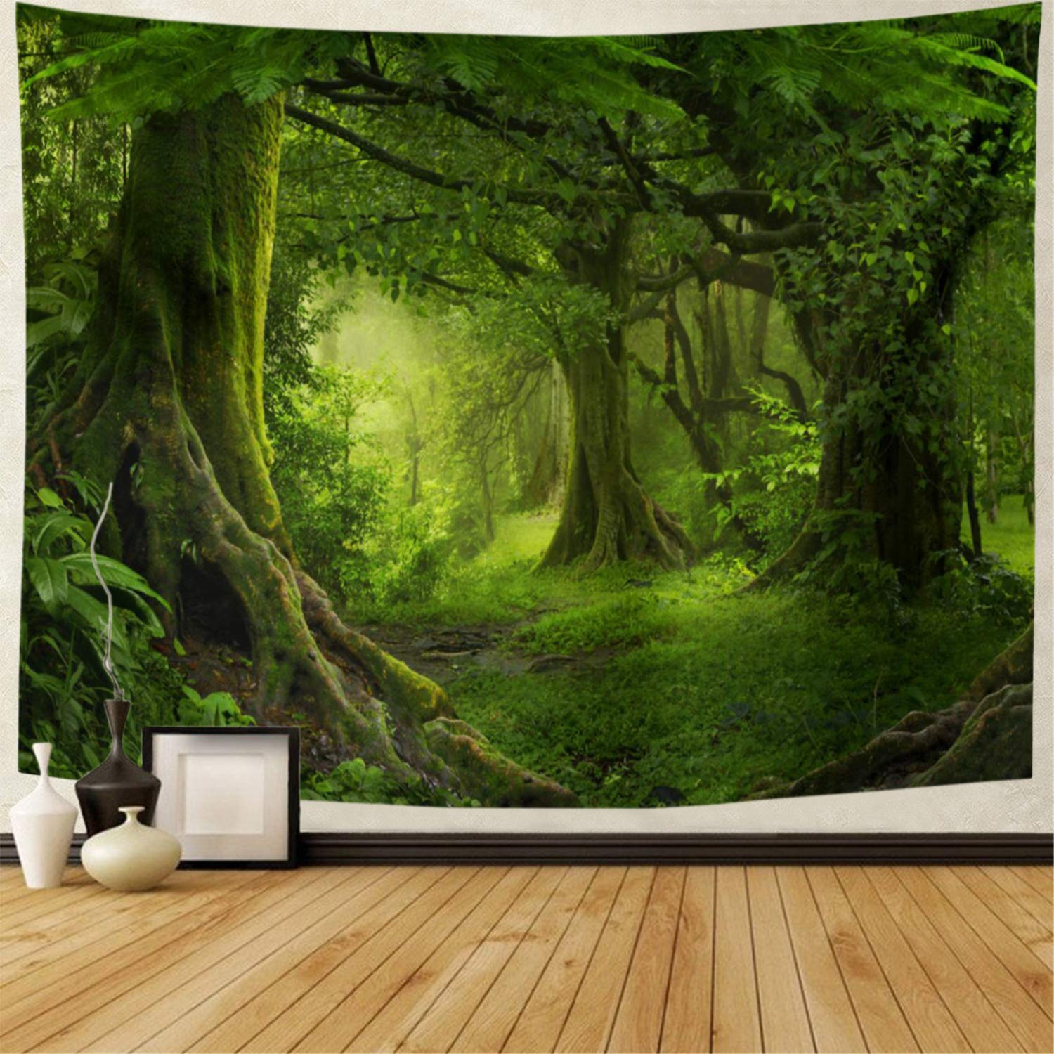 Lahasbja Virgin Forest Tapestry Green Tree in Misty Forest Tapestry Wall Hanging Nature Scenery Wall Tapestry Decor for Living R