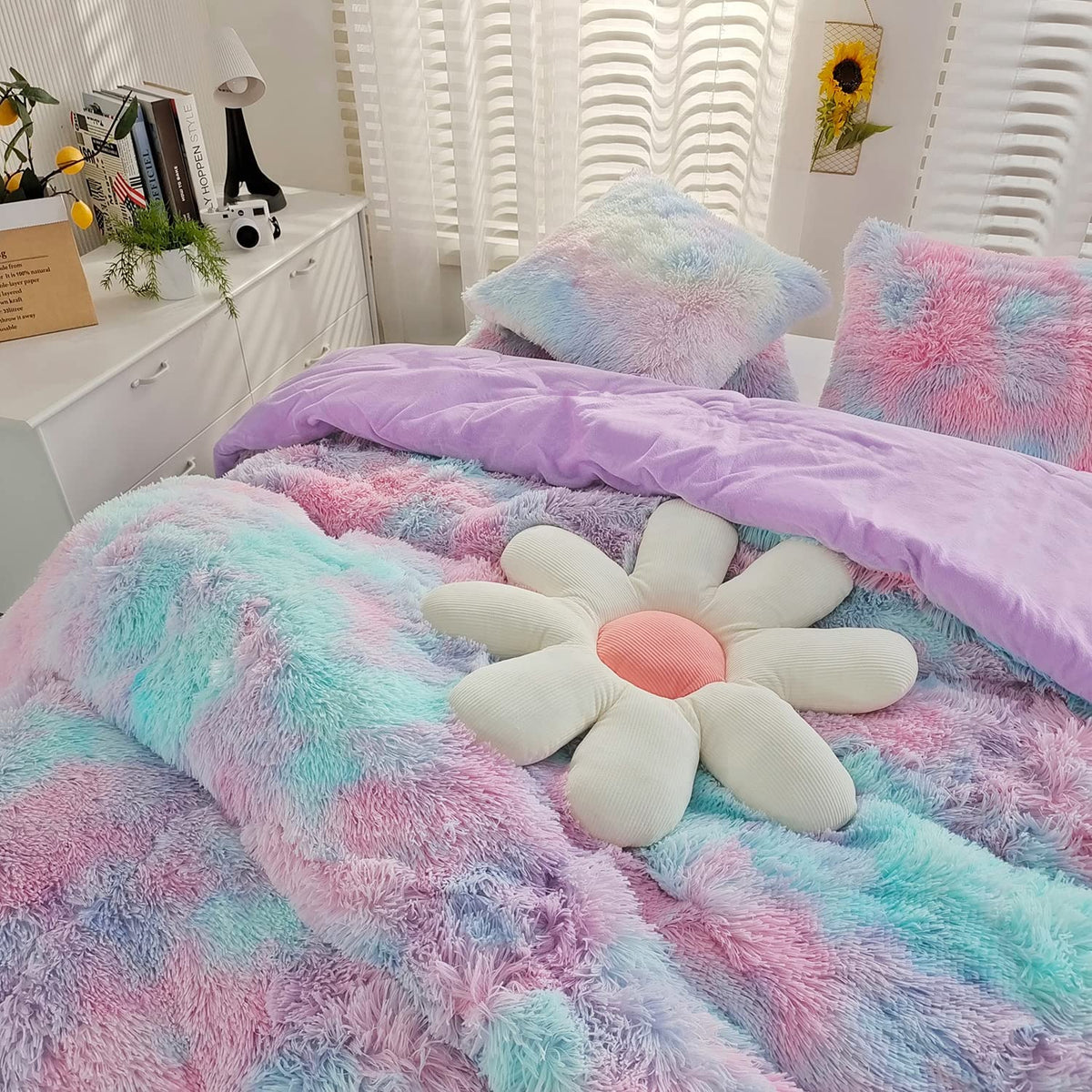 Sucses Purple Plush Shaggy Duvet Cover Set Full Size, Tie Dye Rainbow Faux Fur Bedding Set For Teens Girls, Fluffy Furry Velvet