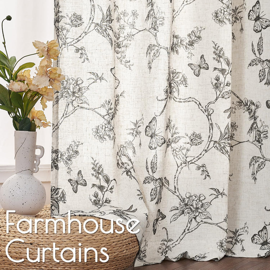Lazzzy Linen Black Floral Curtains 90 Inch Length Farmhouse Curtain Back Tab Drapes For Living Room Bedroom Light Filtering Vint
