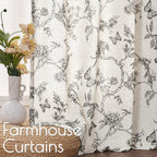 Lazzzy Linen Farmhouse Curtains Black Floral Curtains 63 Inch Length Back Tab Drapes For Living Room Bedroom Light Filtering Cou