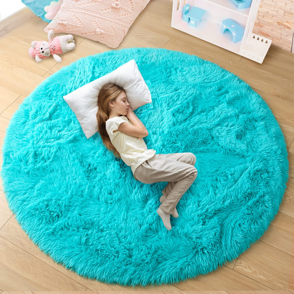 junovo Round Rug 6x6 Feet Fluffy Soft Area Rugs for Kids Girls Room Princess Castle Plush Shaggy Carpet Cute Circle Nursery Rug 
