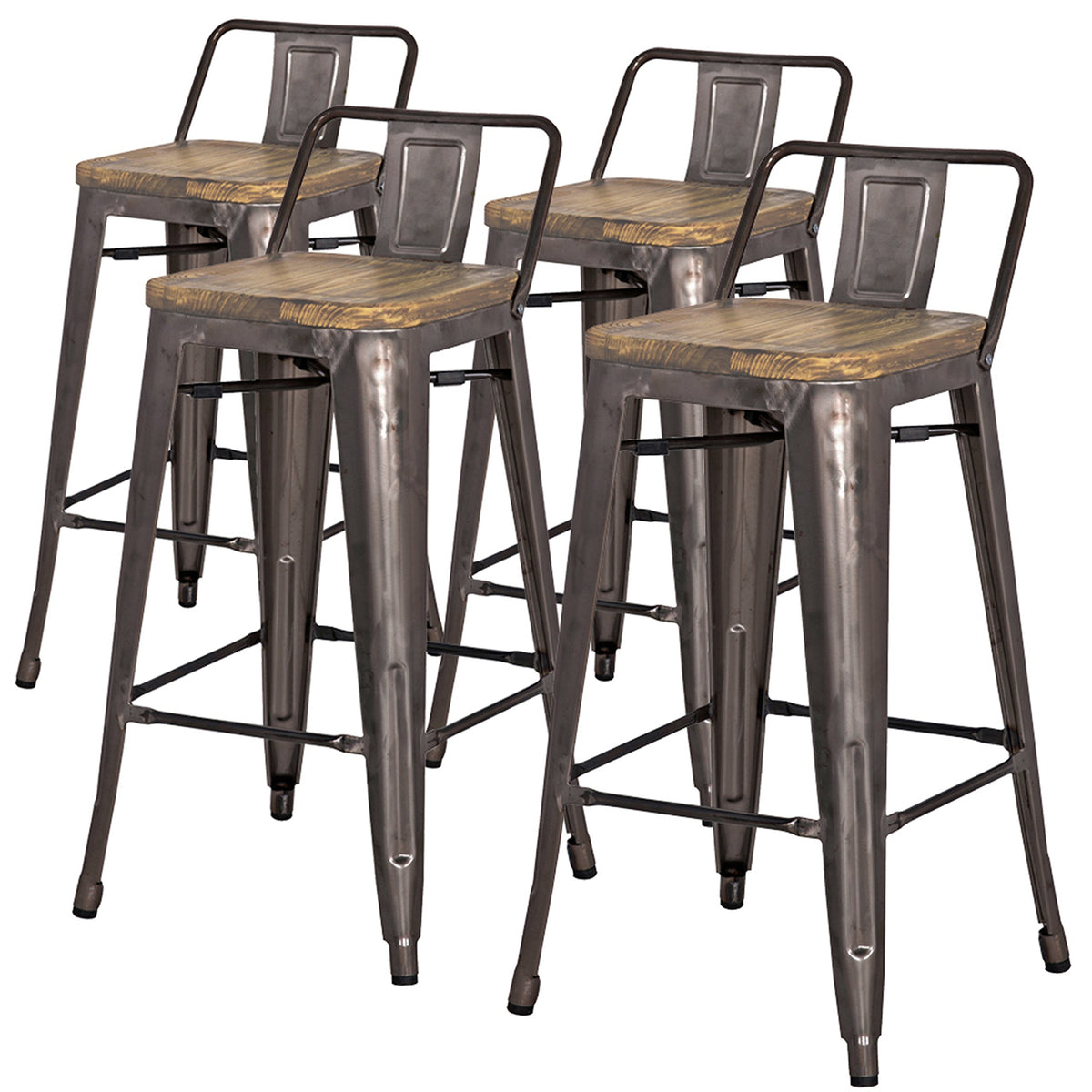 New Pacific Direct Metropolis Metal Low Back Counter Stool 26&quot; Wood Seat,Gunmetal Gray,Set Of 4