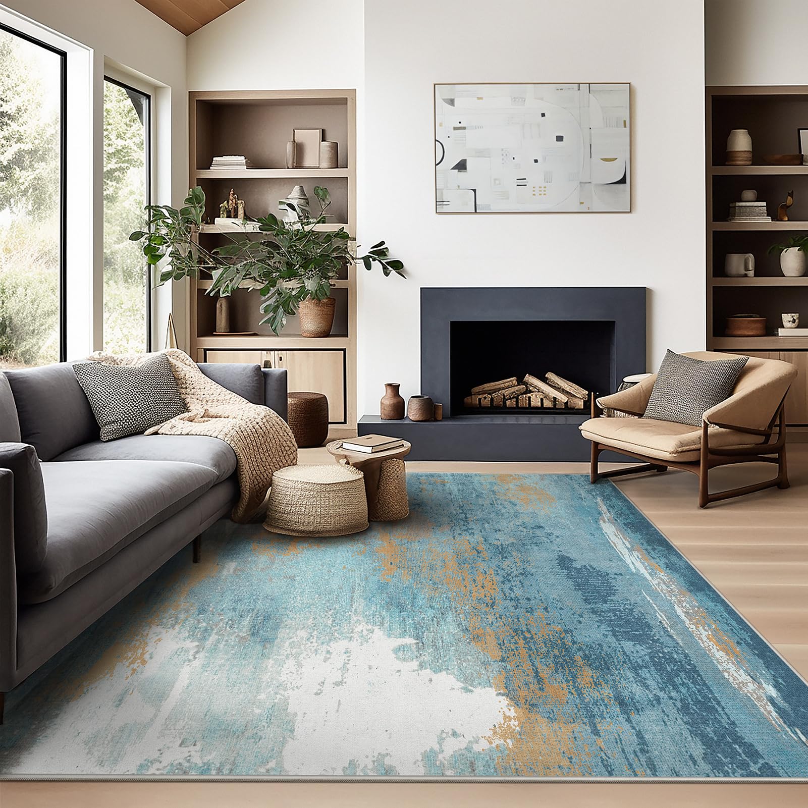 Ashler Abstract Rug, 4x6 Area Rugs, Modern Abstract Area Rug for Living Room, Bedroom, Kitchen Dining Room, Office, Blue Home De