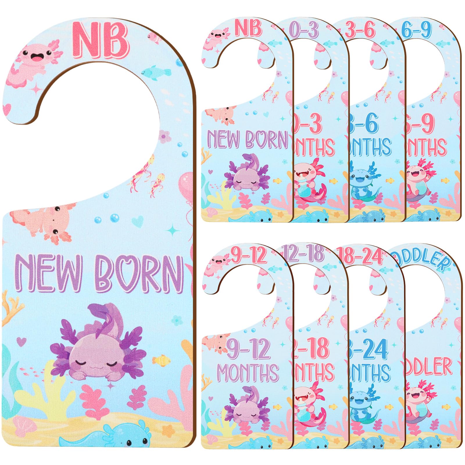CORNER LACE Baby Closet Dividers 8PCS, Axolotl Themed Wooden Double-Sided Clothes Size Hanger/Organizer from Newborn to Toddler 