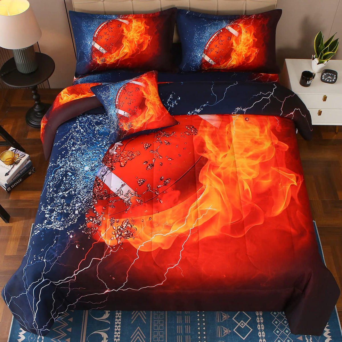 Jqinhome Full Football And Fire Comforter Sets For Boys,6 Piece Bed In A Bag 3D Sport Themed Bedding -All Season Soft Microfiber