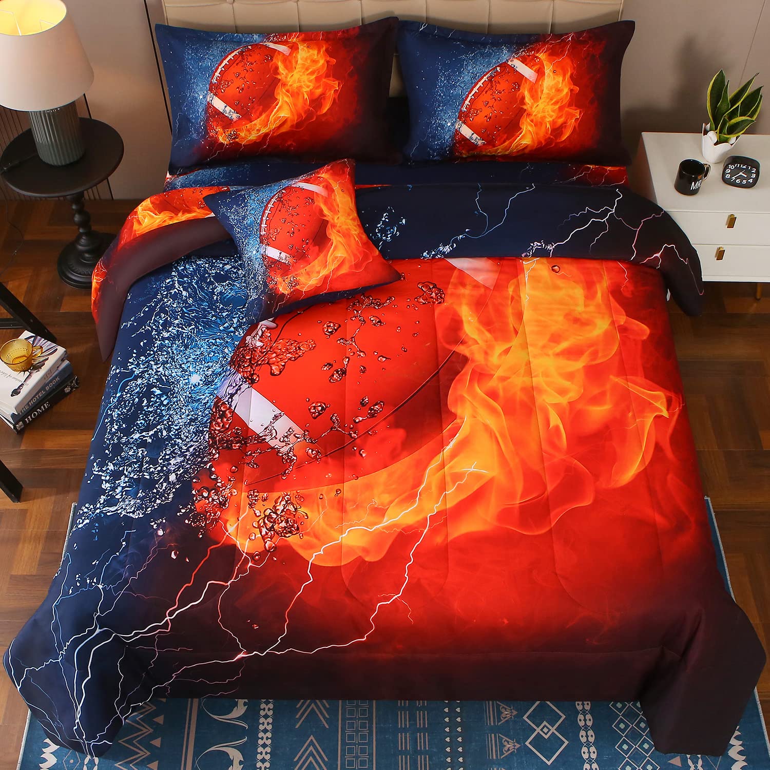 Jqinhome Full Football And Fire Comforter Sets For Boys,6 Piece Bed In A Bag 3D Sport Themed Bedding -All Season Soft Microfiber
