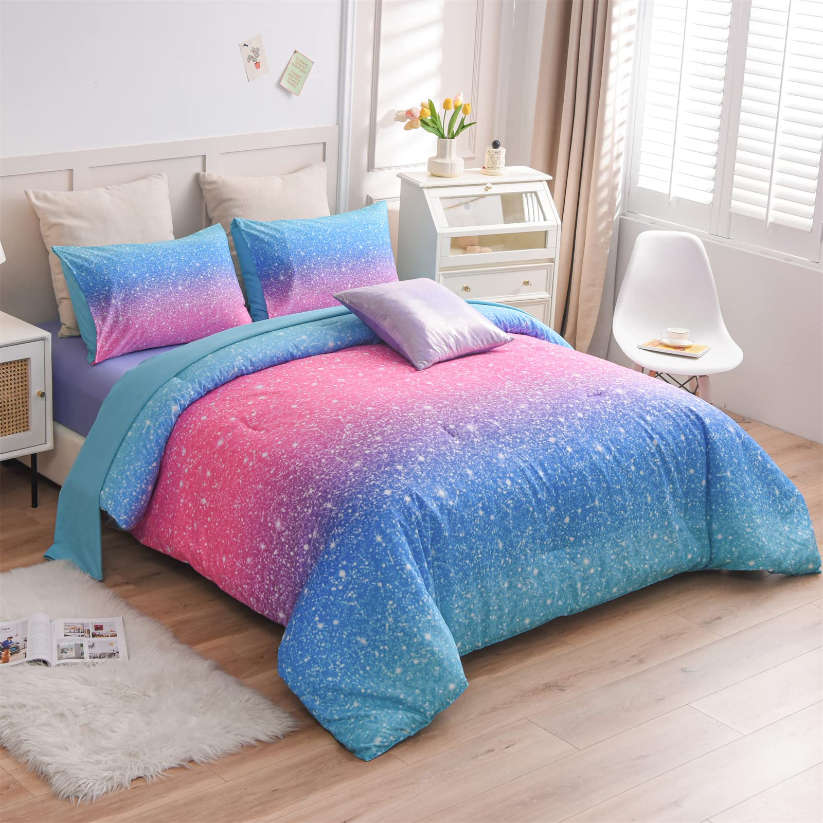 A Nice Night 6Pcs Gradient Glitter Bedding Set For Girls Twin Size, Colorful Rainbow Galaxy Comforter Set, Ultra Soft Bedding Se