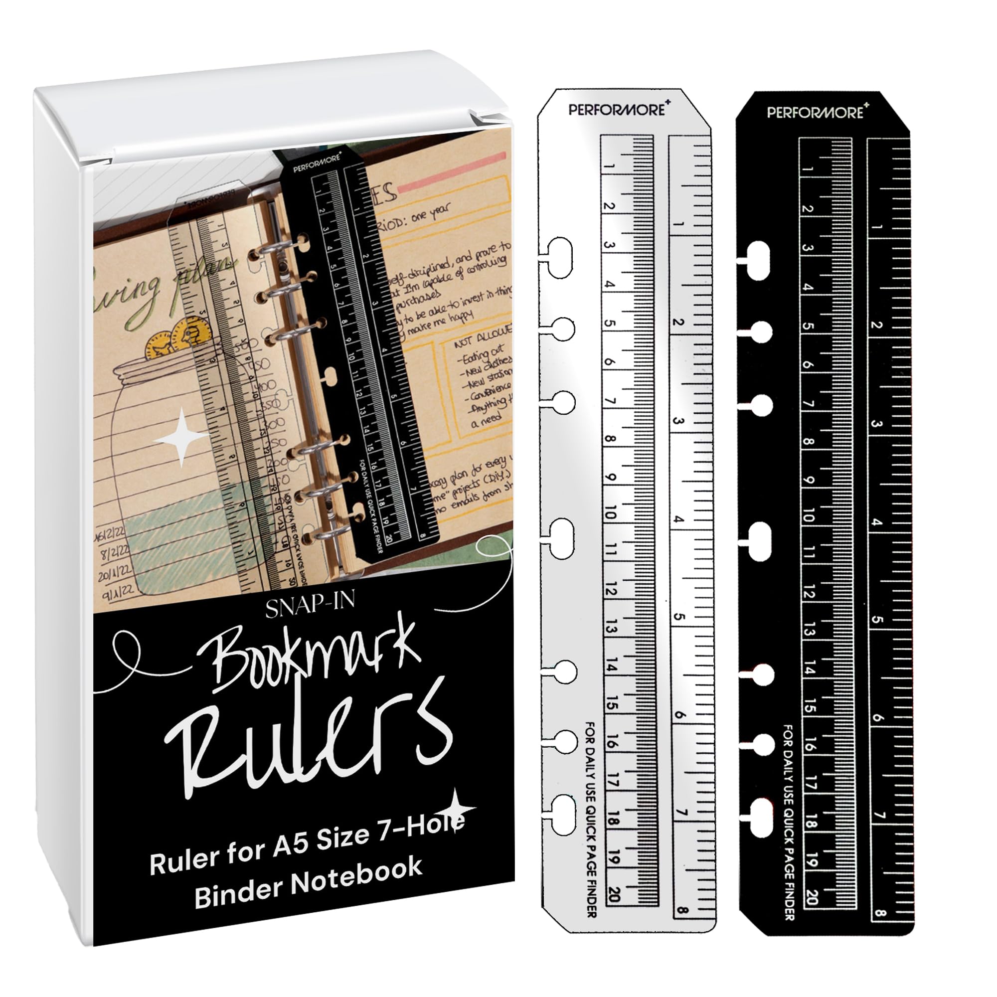 Performore 2 Pack Of Snap-In 8    Bookmark Rulers, Black And Clear Plastic Page Marker Divider Pagefinder Measuring Today Ruler