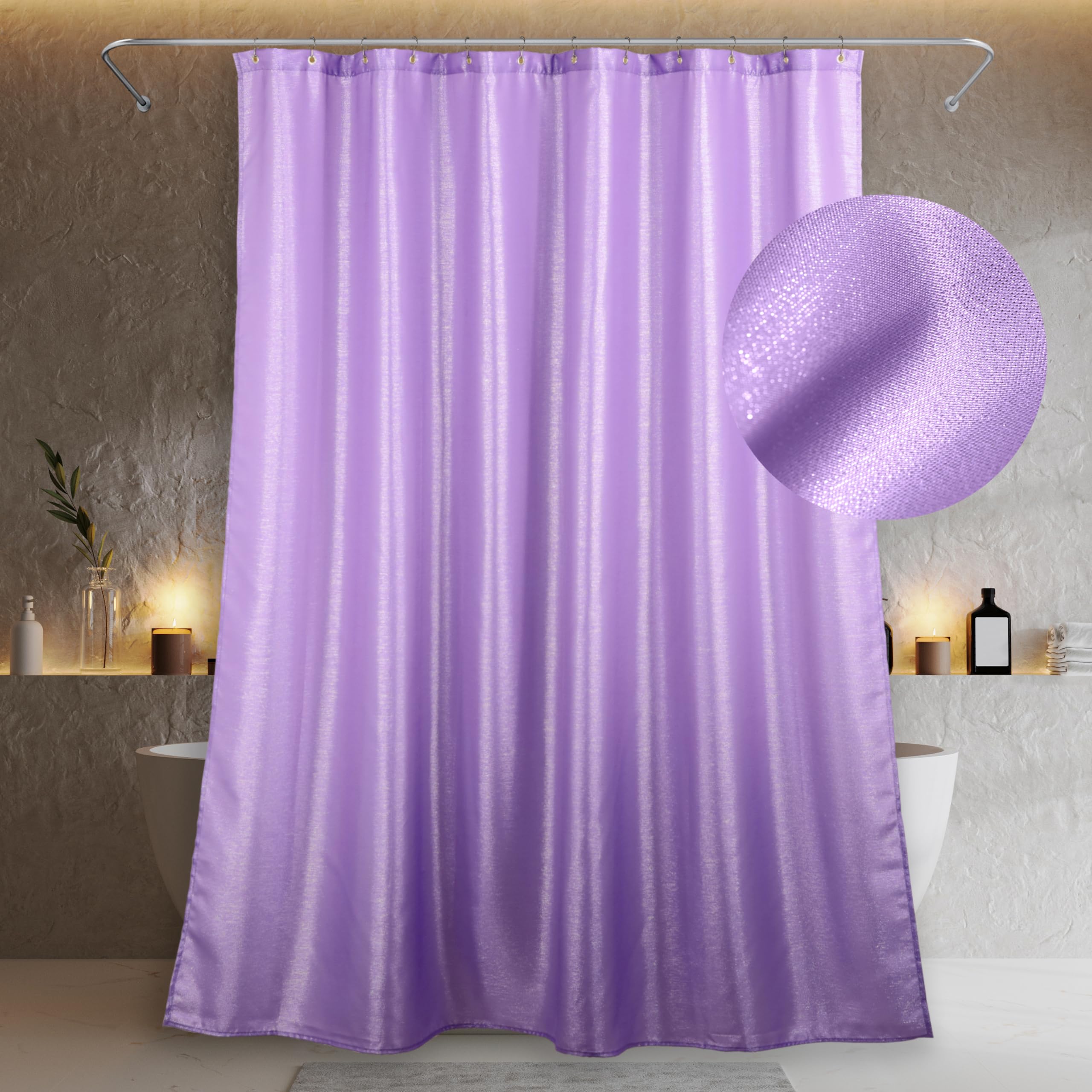 Popkozzi Purple Long Glitter Shower Curtain: 78 Inch Tall Lavender Sparkle Bling Shiny Fabric Shower Curtains For Bathroom - Lux