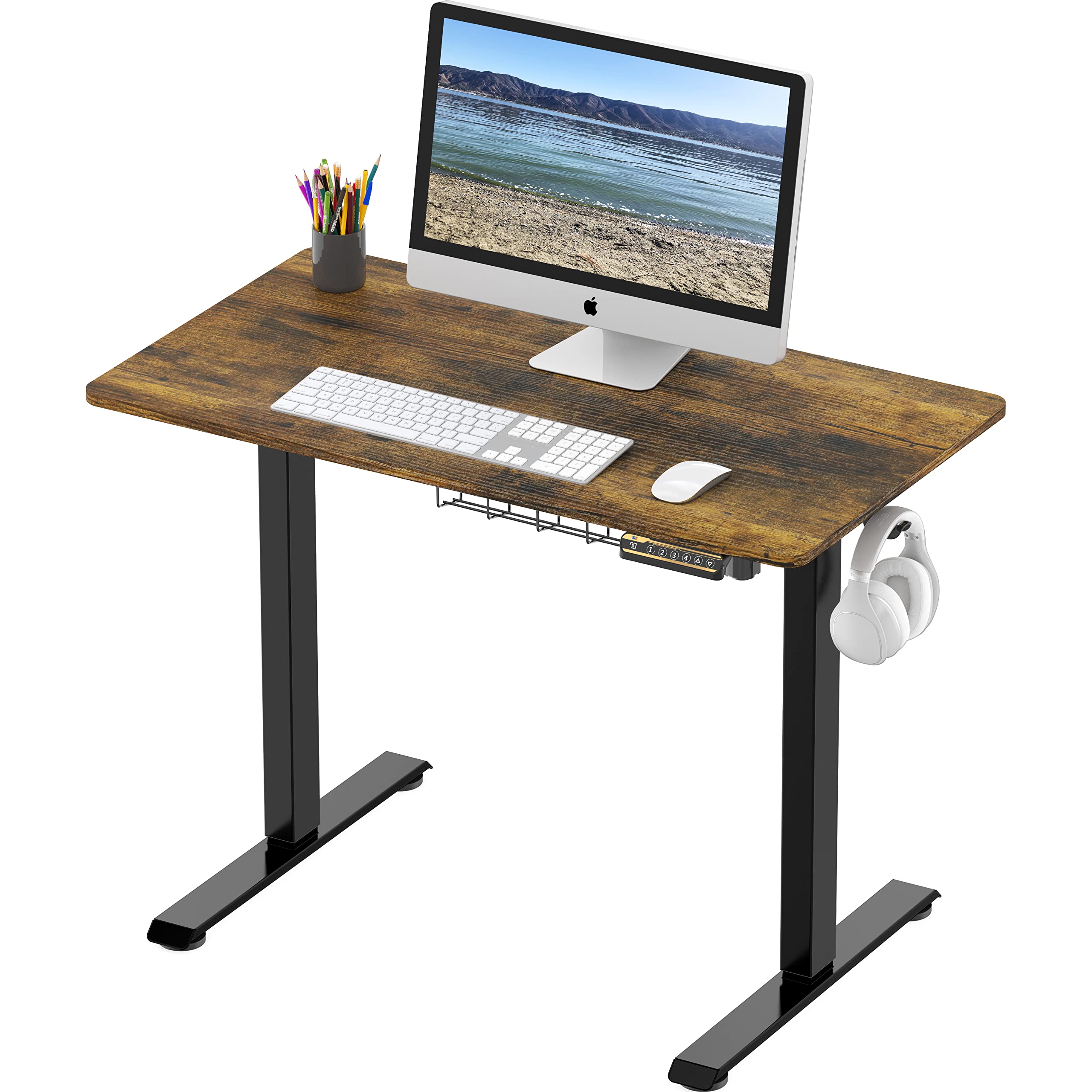 SHW Small Electric Height Adjustable Sit Stand Desk with Hanging Hooks and Cable Management, 40 x 22 Inches, Black Frame and Rus