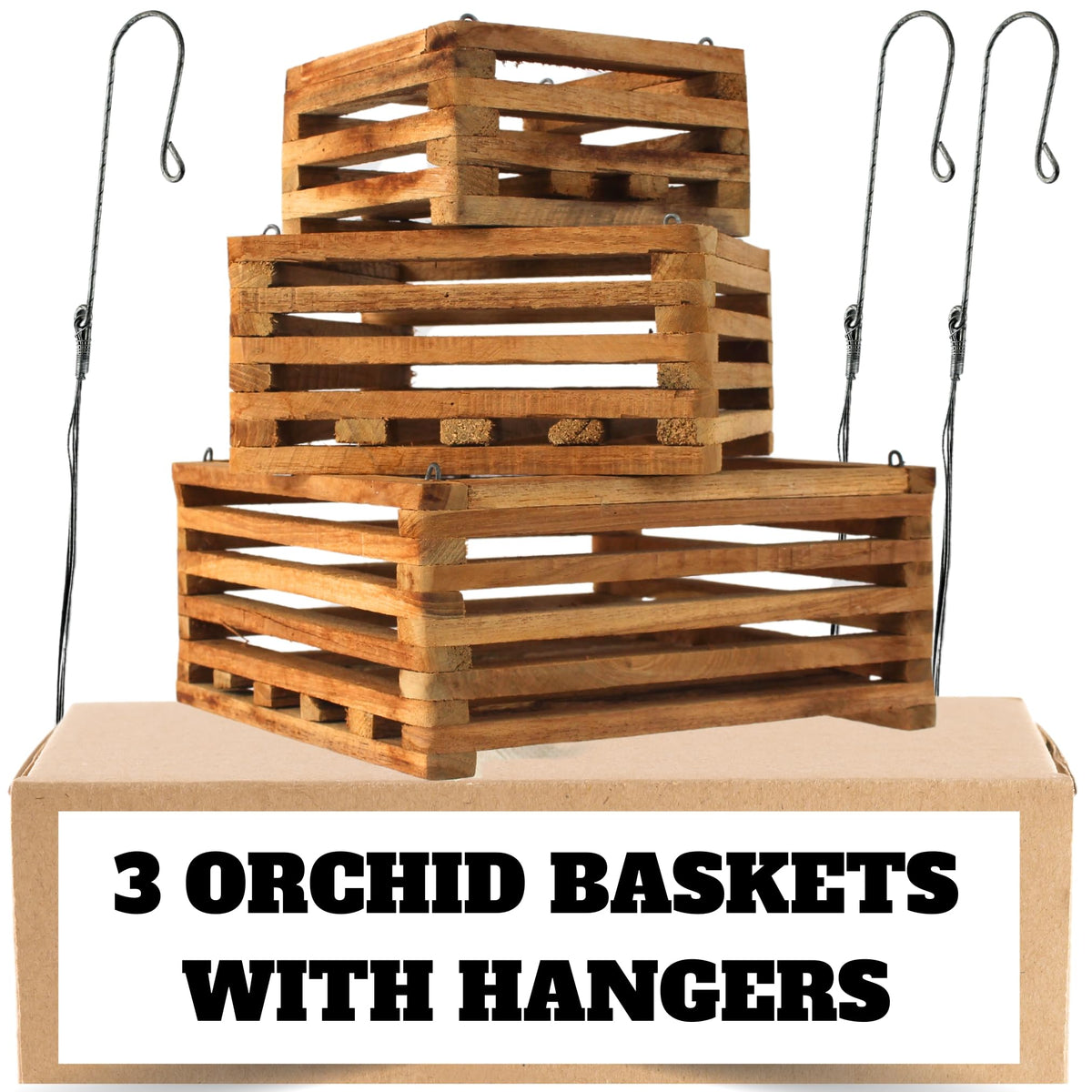 Desquiggle 3 Hanging Orchid Baskets With Hangers & Inserts (1 X 10 Inches, 1 X 8 Inches, 1 X 6 Inches), Wood Vanda Baskets, Hang