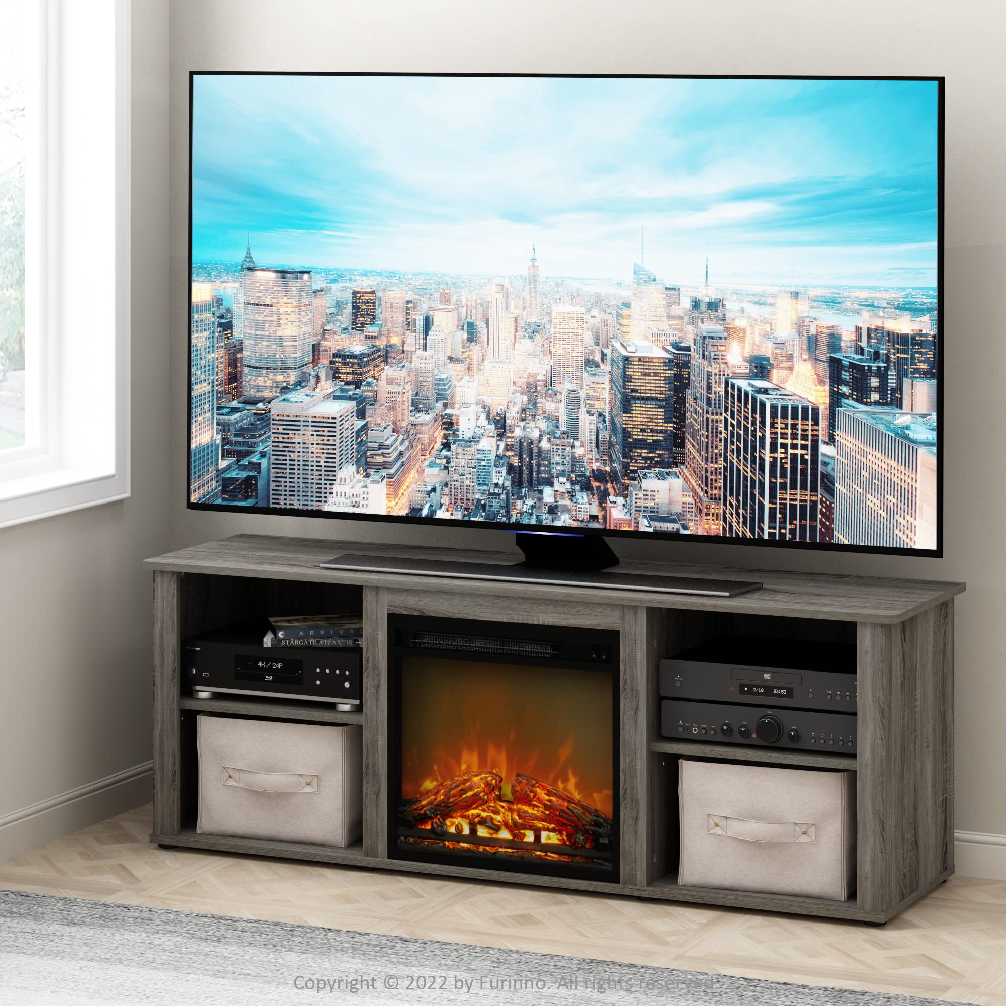 Furinno Classic 60 Inch Tv Stand With Fireplace, French Oak Grey
