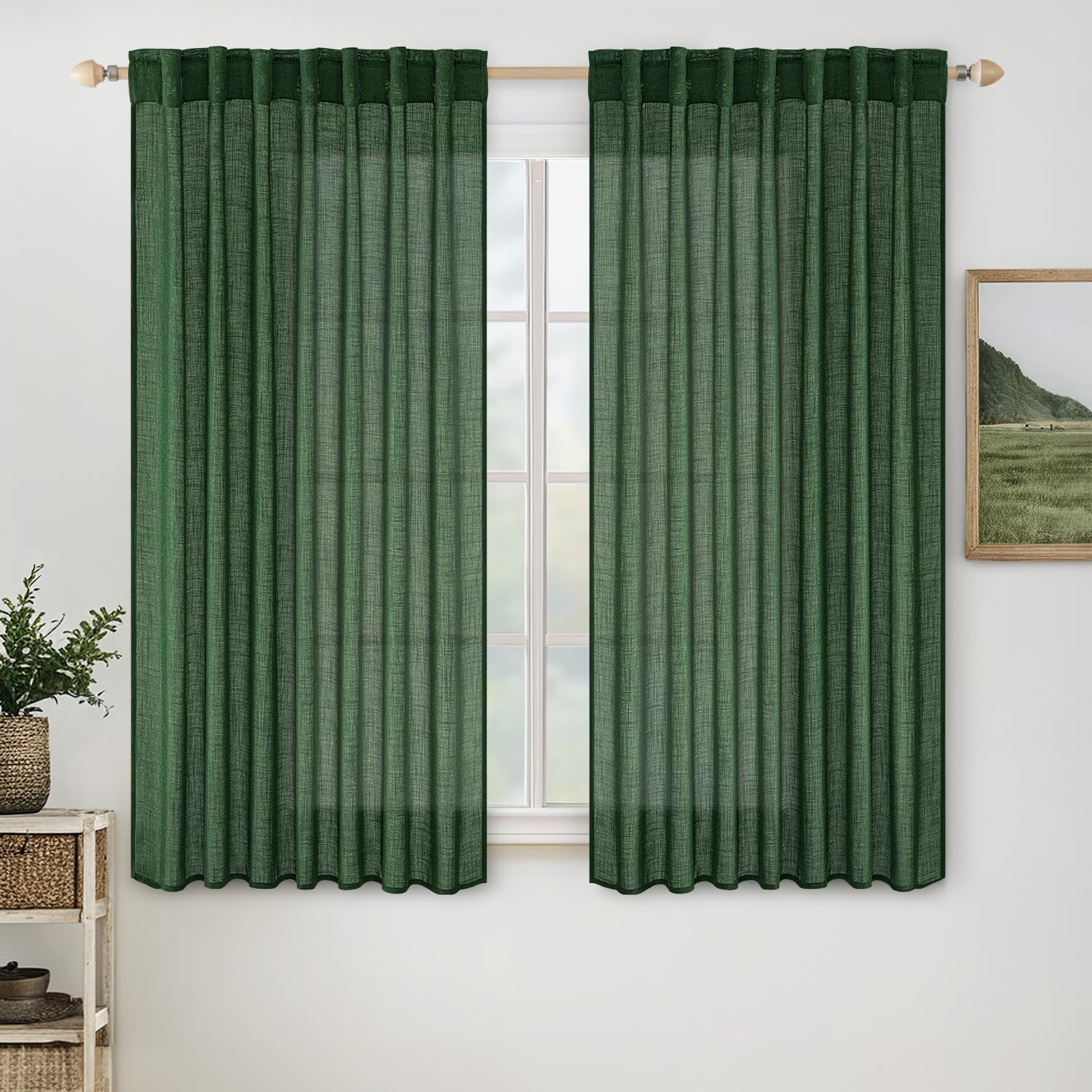 Miulee Emerald Green Linen Curtains 63 Inch Length 2 Panels For Bedroom Living Room, Soft Thick Linen Textured Window Drapes Sem