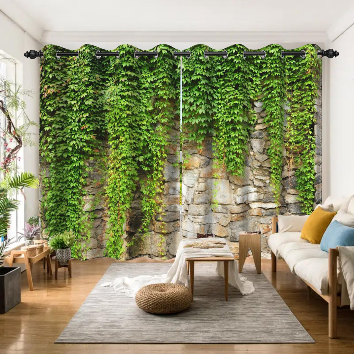 Umpoo Green Ivy Leaf Blackout Curtains Leaves Plants Rustic Stone Wall Spring Scenery Curtain for Living Room Bedroom Home Decor