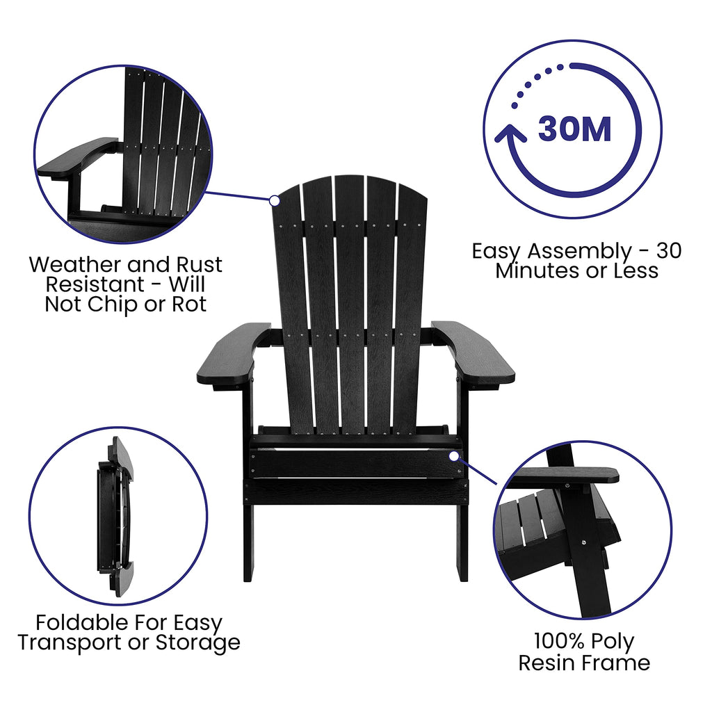 Flash Furniture Charlestown Commercial Folding Adirondack Chair - Black - Poly Resin - Indoor/Outdoor - Weather Resistant