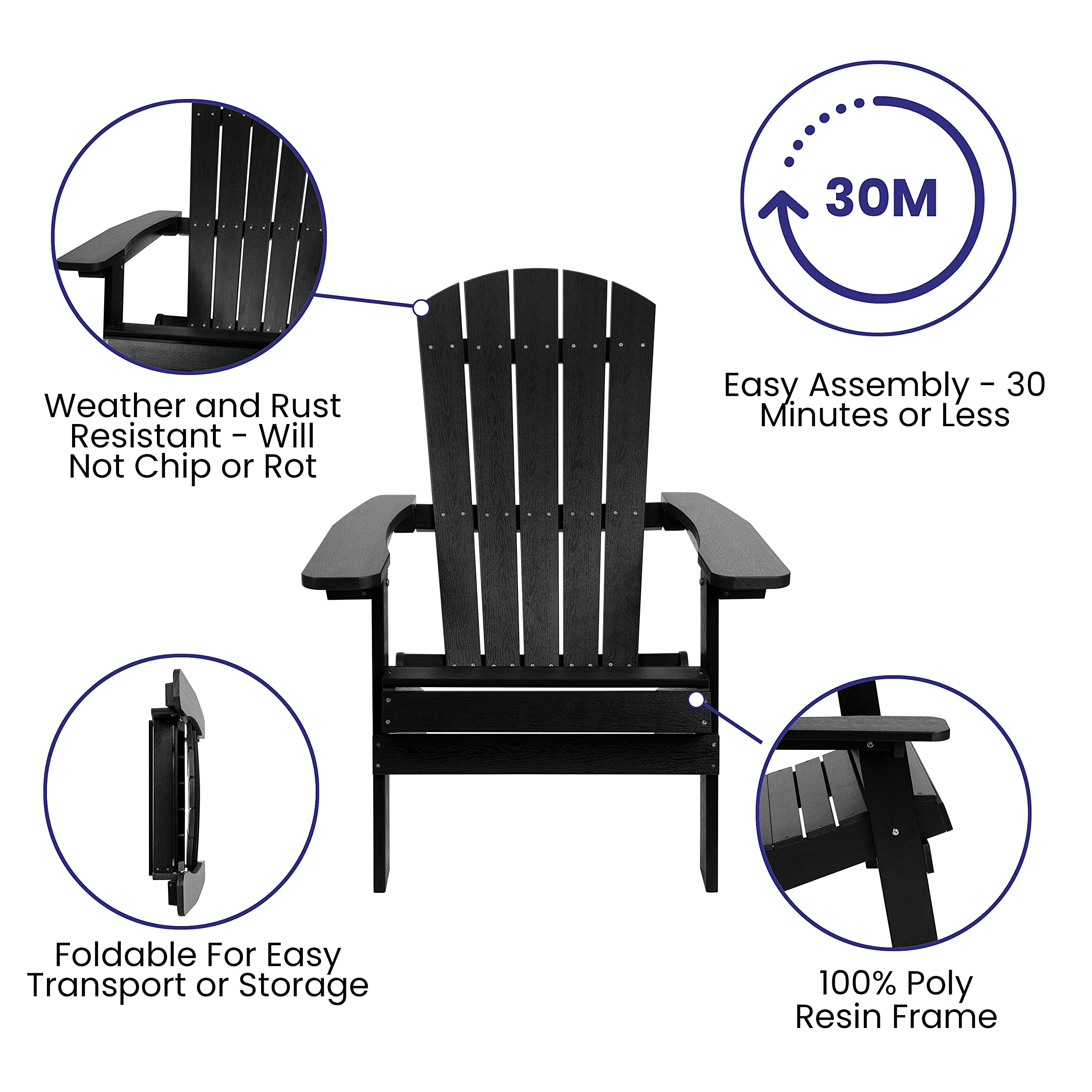 Flash Furniture Charlestown Commercial Folding Adirondack Chair - Black - Poly Resin - Indoor/Outdoor - Weather Resistant