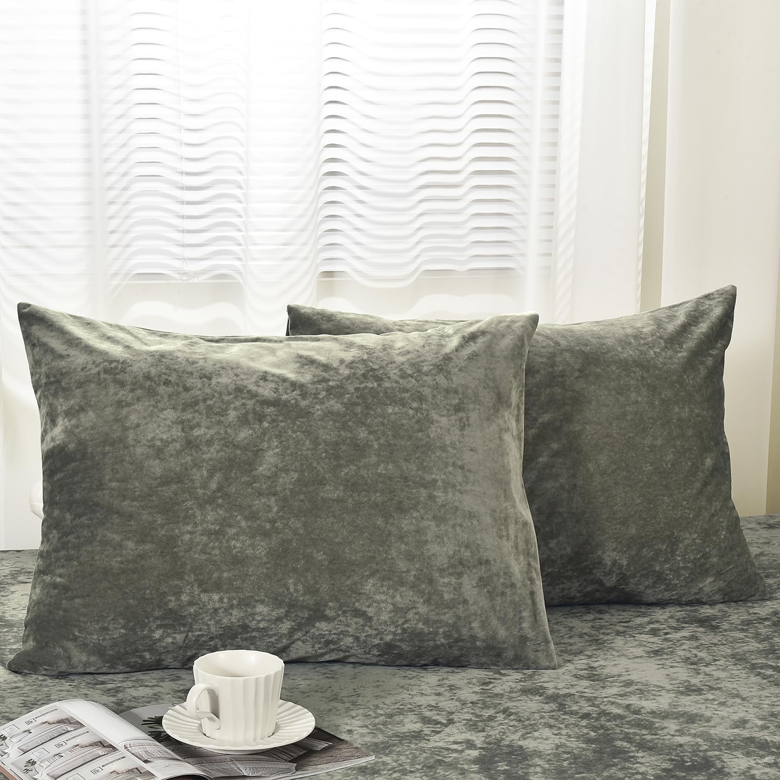 Phf Truly Velvet Pillowcases Standard Size, No Insert, 2 Pack Ultra Soft Breathable Pillow Shams Covers With Envelope Closure, 20' X 26' Luxury Cozy Warm Fuzzy Flannel Pillow Cases, Smokey Olive