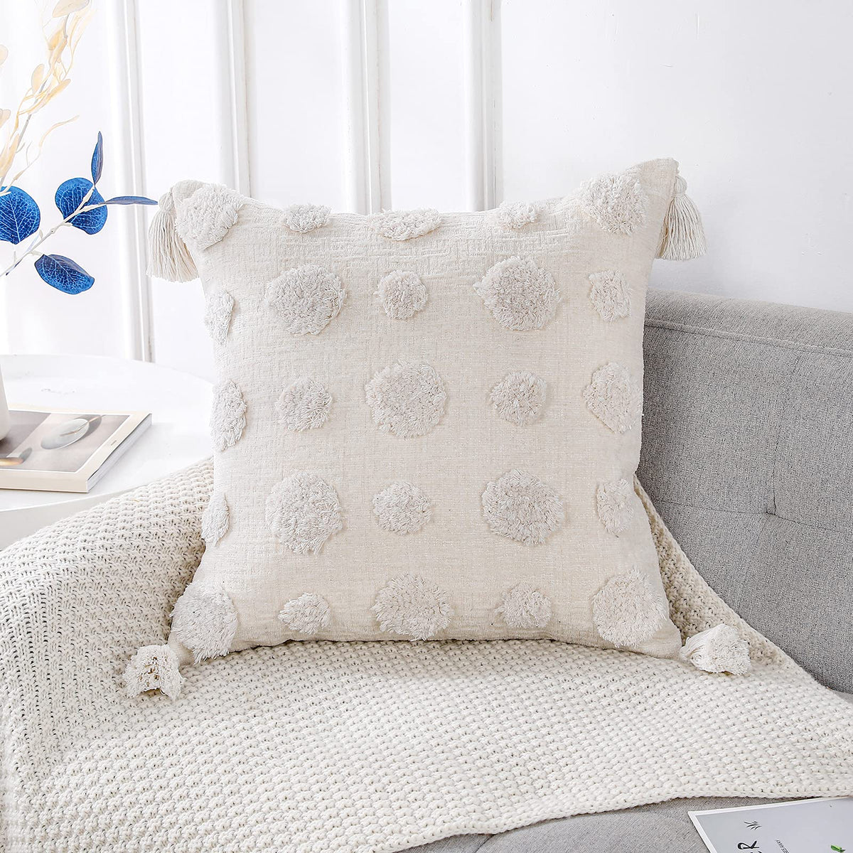 Panod Super Soft Farmhouse Decorative Plush Throw Pillow Covers 22 X 22 White,Solid Pom Pom Tufted With Tassels Modern Accent Bo