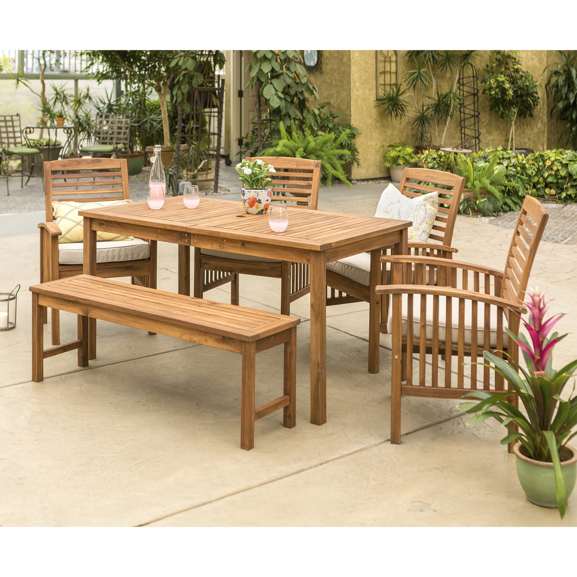 Walker Edison Rendezvous Modern 6 Piece Solid Acacia Wood Outdoor Dining Set, Set Of 6, Brown
