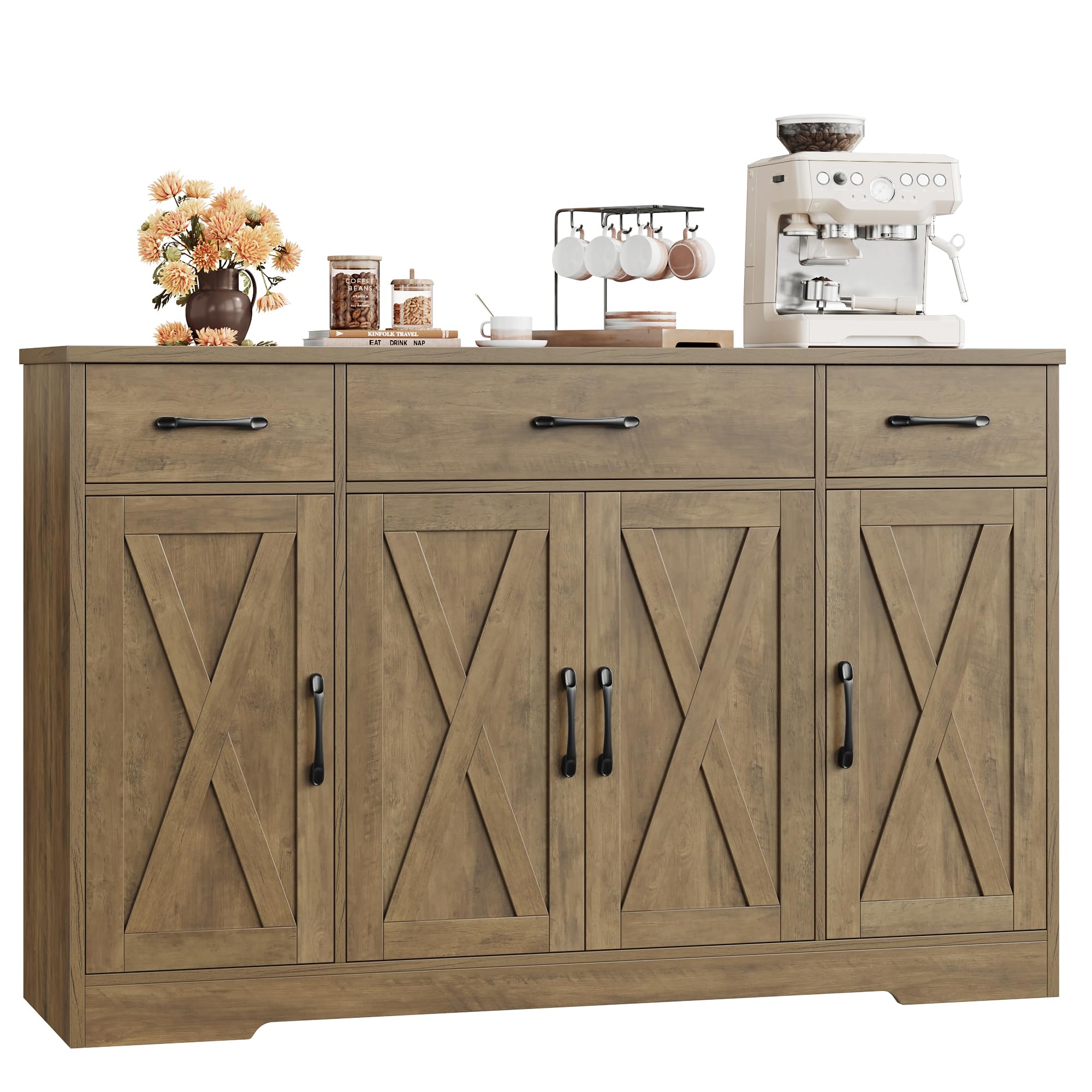 Hostack Buffet Sideboard Cabinet With Drawers, 55' Large Buffet Storage Cabinet With Shelves And Doors, Modern Farmhouse Coffee Bar Cabinet Wood Buffet Table For Kitchen, Dining Room, Rustic Brown