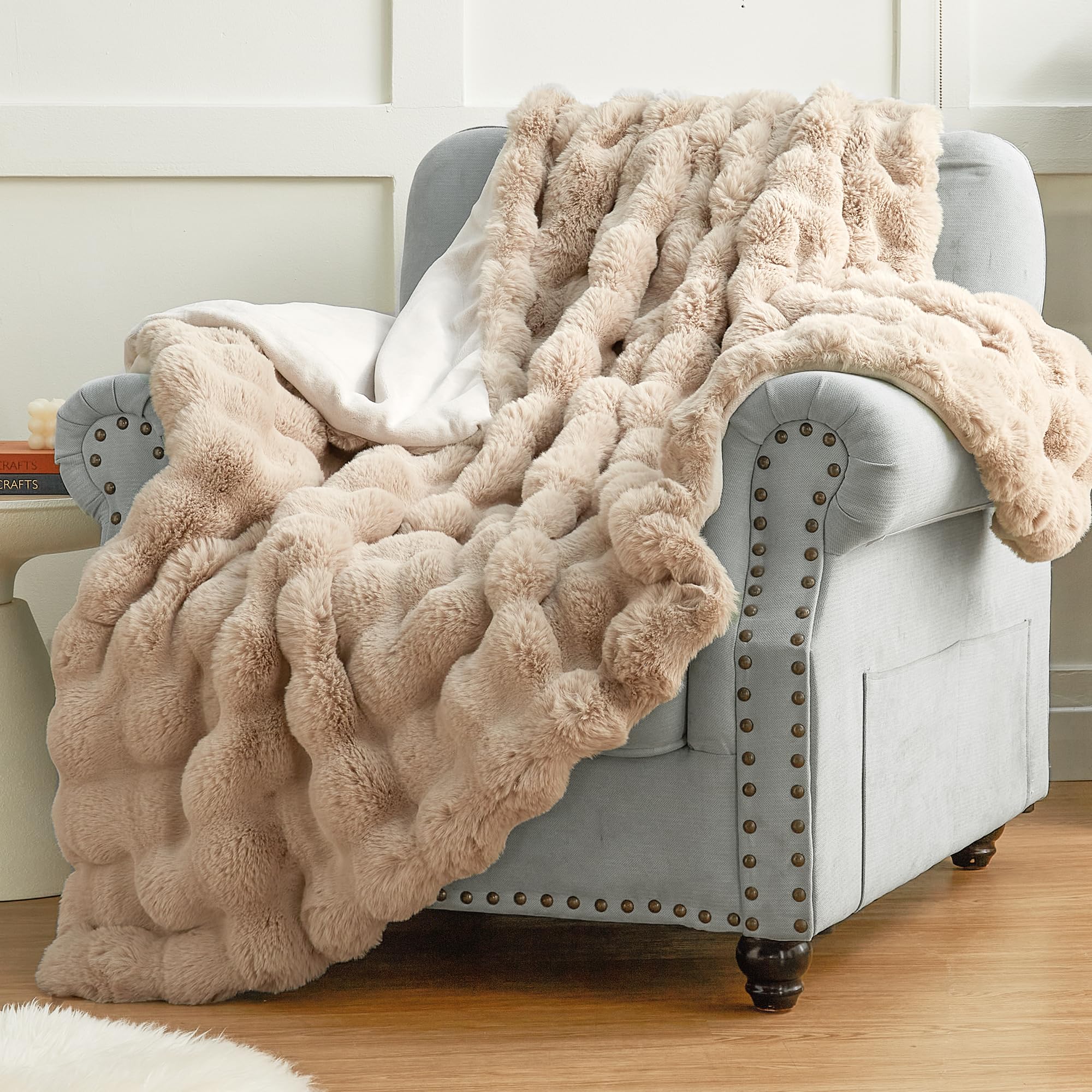 Plush & Plaid Faux Fur Throw Blanket For Couch Sofa, Fuzzy Soft Thick Bubble Blanket For Bedroom Living Room, 50 By 60 Inches, B